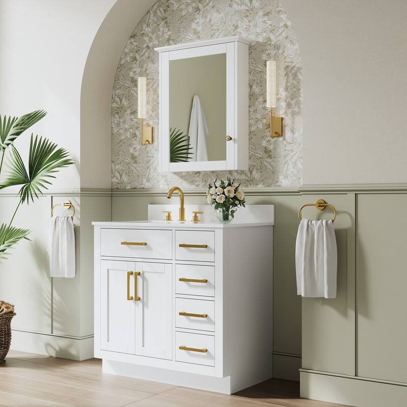 Angle. WELLFOR - 36" Solid Wood Bathroom Vanity with Sink, 2 Soft-Close Doors, 5 Drawers& Cultured Marble Countertop - White.