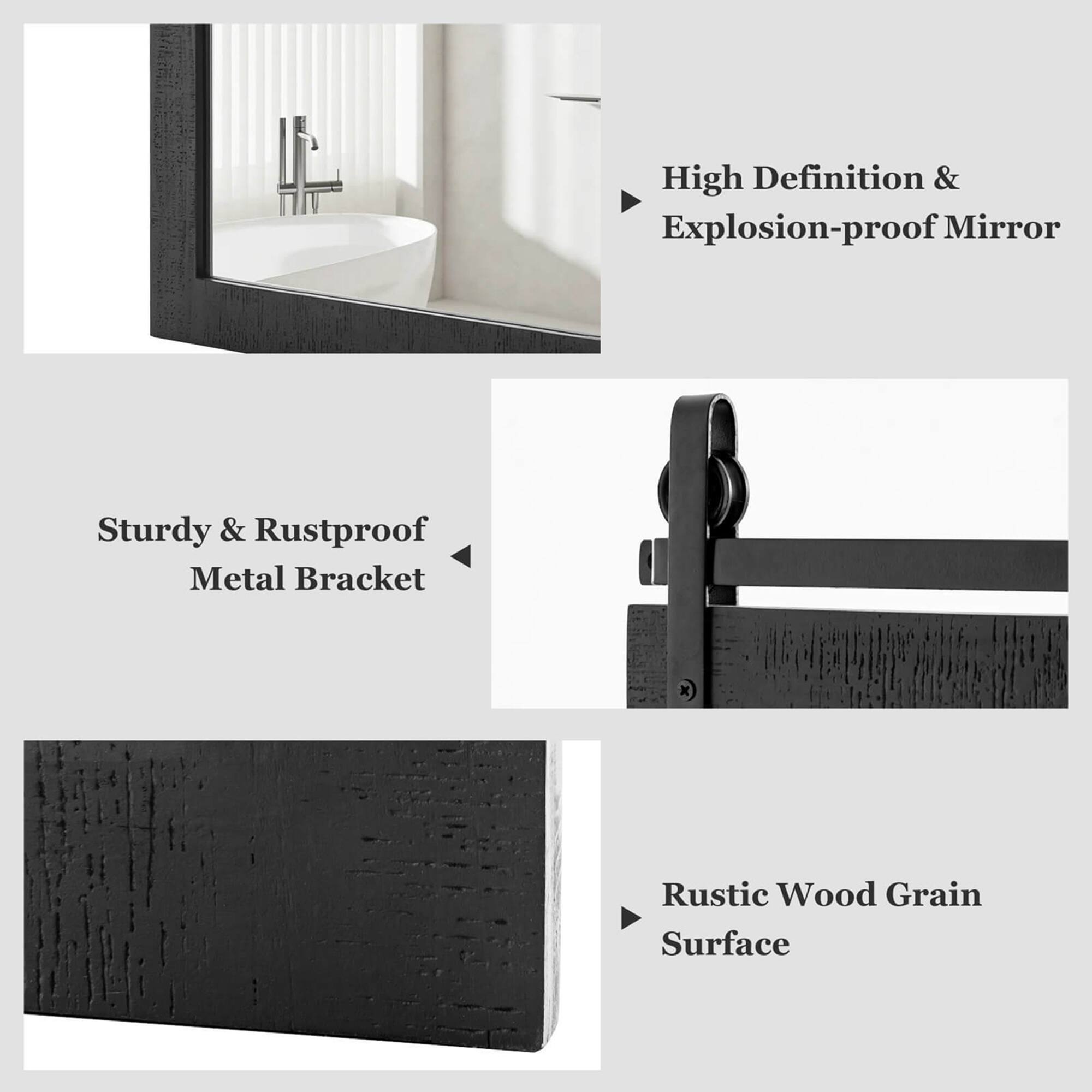 High Definition & Explosion-proof Mirror  
Sturdy & Rustproof Metal Bracket  
Rustic Wood Grain Surface