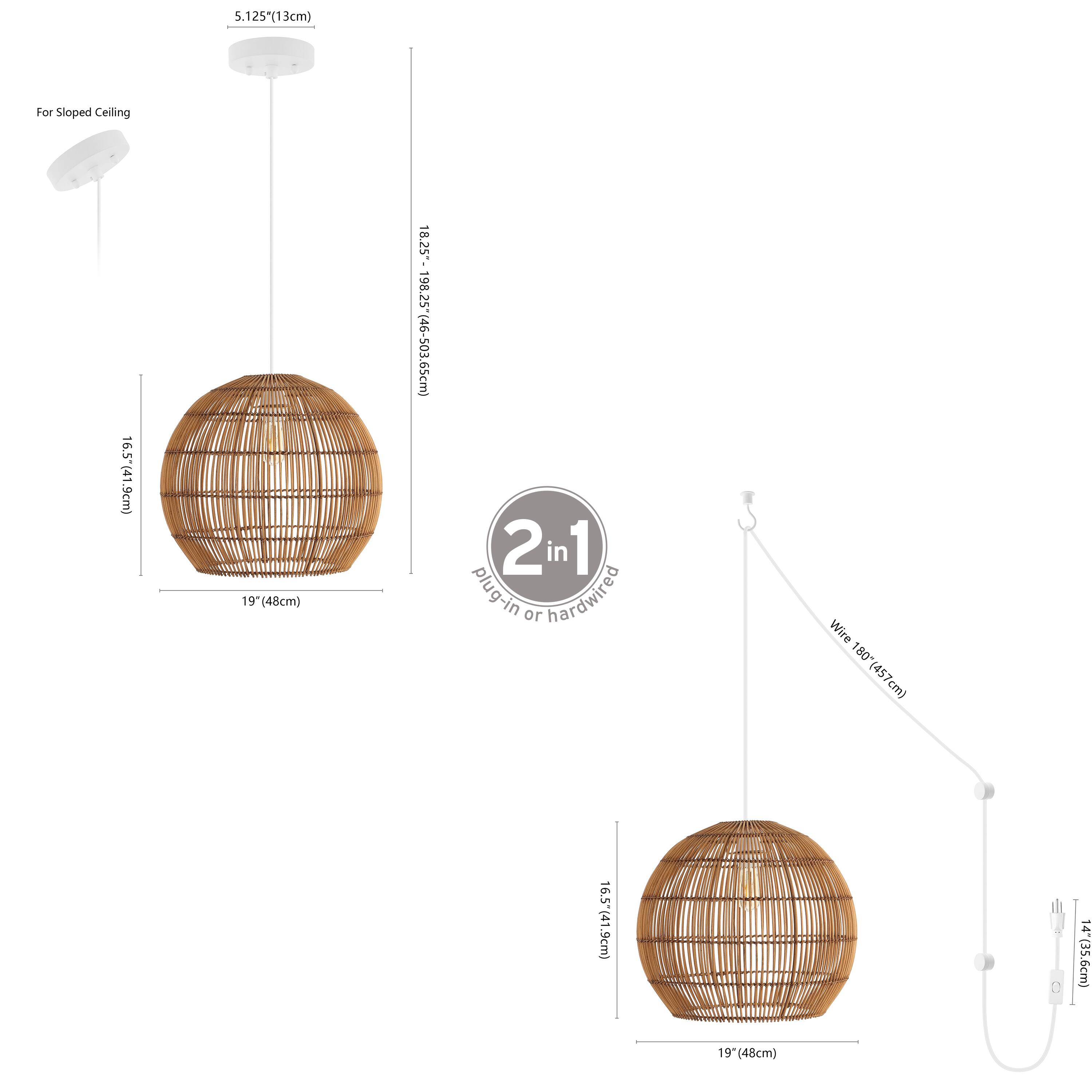 5.125" (13cm)  
For Sloped Ceiling  
16.5" (41.9cm)  
19" (48cm)  
18.25" (46-50.365cm)  
2 in 1 plug-in or hardwired  
Wire 180" (457cm)  
16.5" (41.9cm)  
14" (35.6cm)  
19" (48cm)