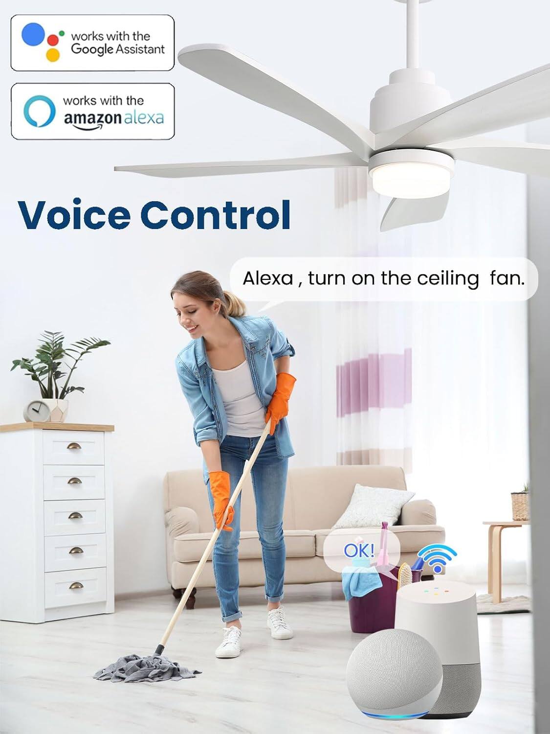 - Works with the Google Assistant
- Works with the Amazon Alexa
- Voice Control
- Alexa, turn on the ceiling fan.
- OK!