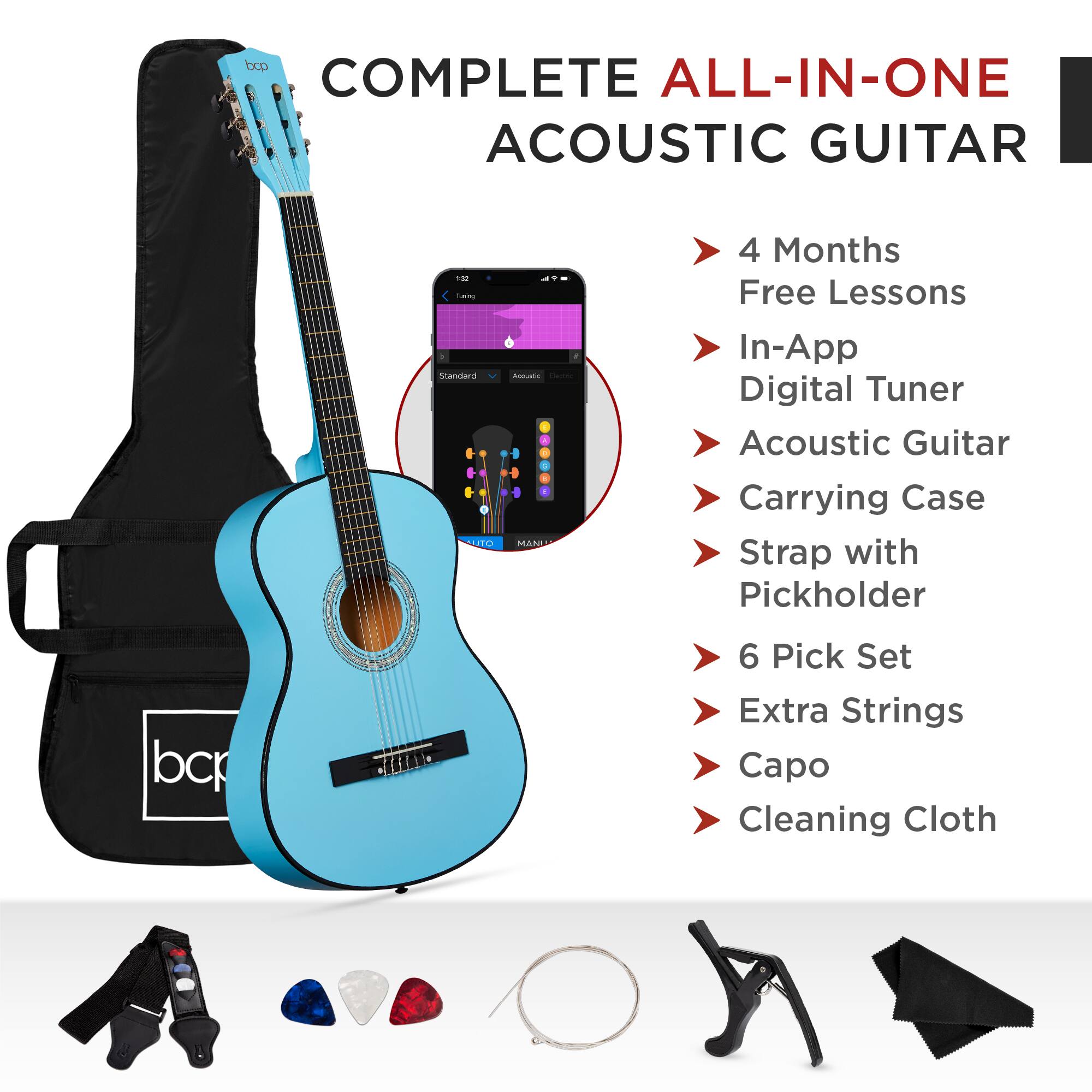 COMPLETE ALL-IN-ONE ACOUSTIC GUITAR

- 4 Months Free Lessons
- In-App Digital Tuner
- Acoustic Guitar
- Carrying Case
- Strap with Pickholder
- 6 Pick Set
- Extra Strings
- Capo
- Cleaning Cloth