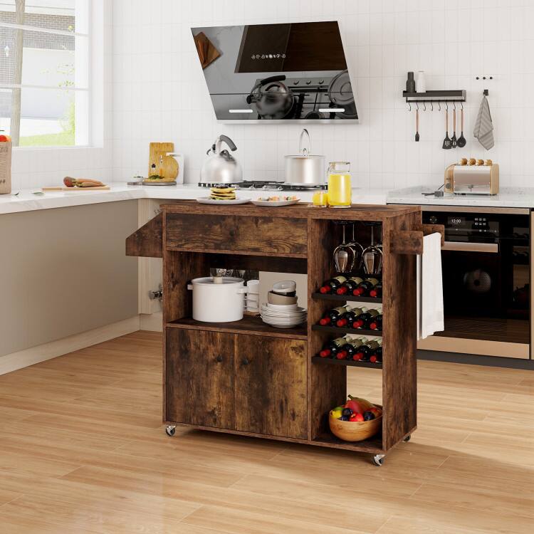 Back. SlickBlue - Rolling Kitchen Island Cart with Drop Leaf, Power Outlet, and Adjustable Storage - Rustic Brown.