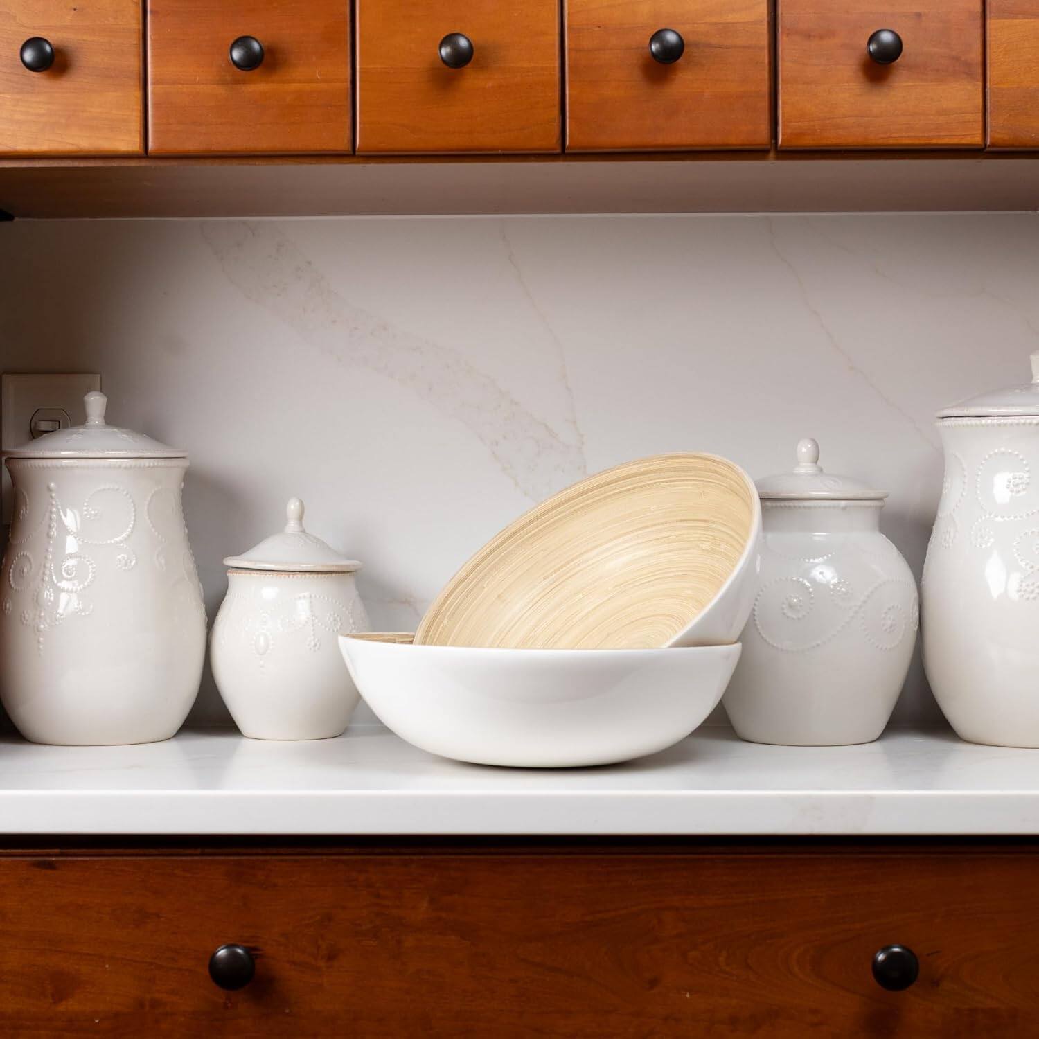 Angle. Lexa - Bamboo Salad Bowl Set, 12 Inch x 2, White - White.