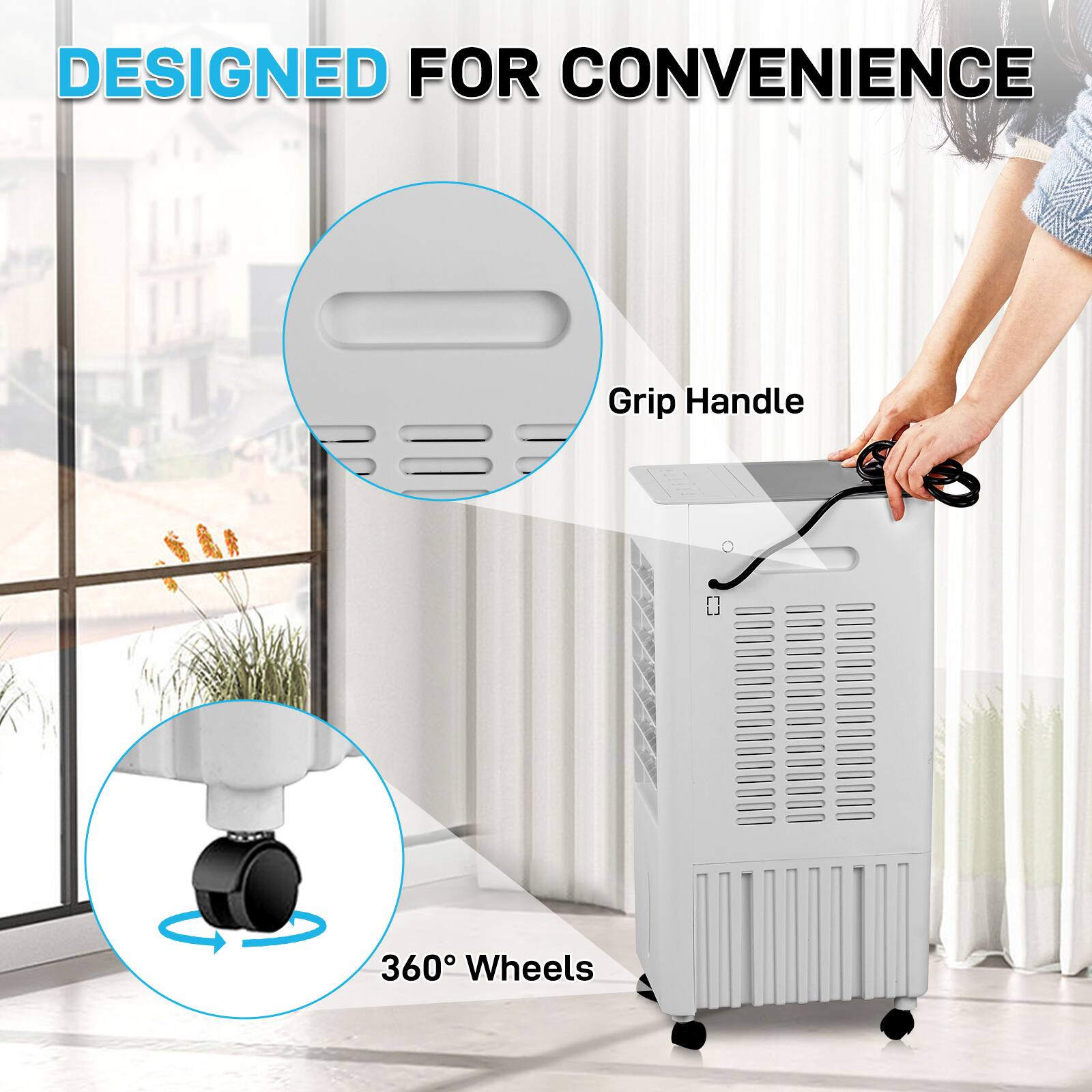 DESIGNED FOR CONVENIENCE

- Grip Handle
- 360° Wheels