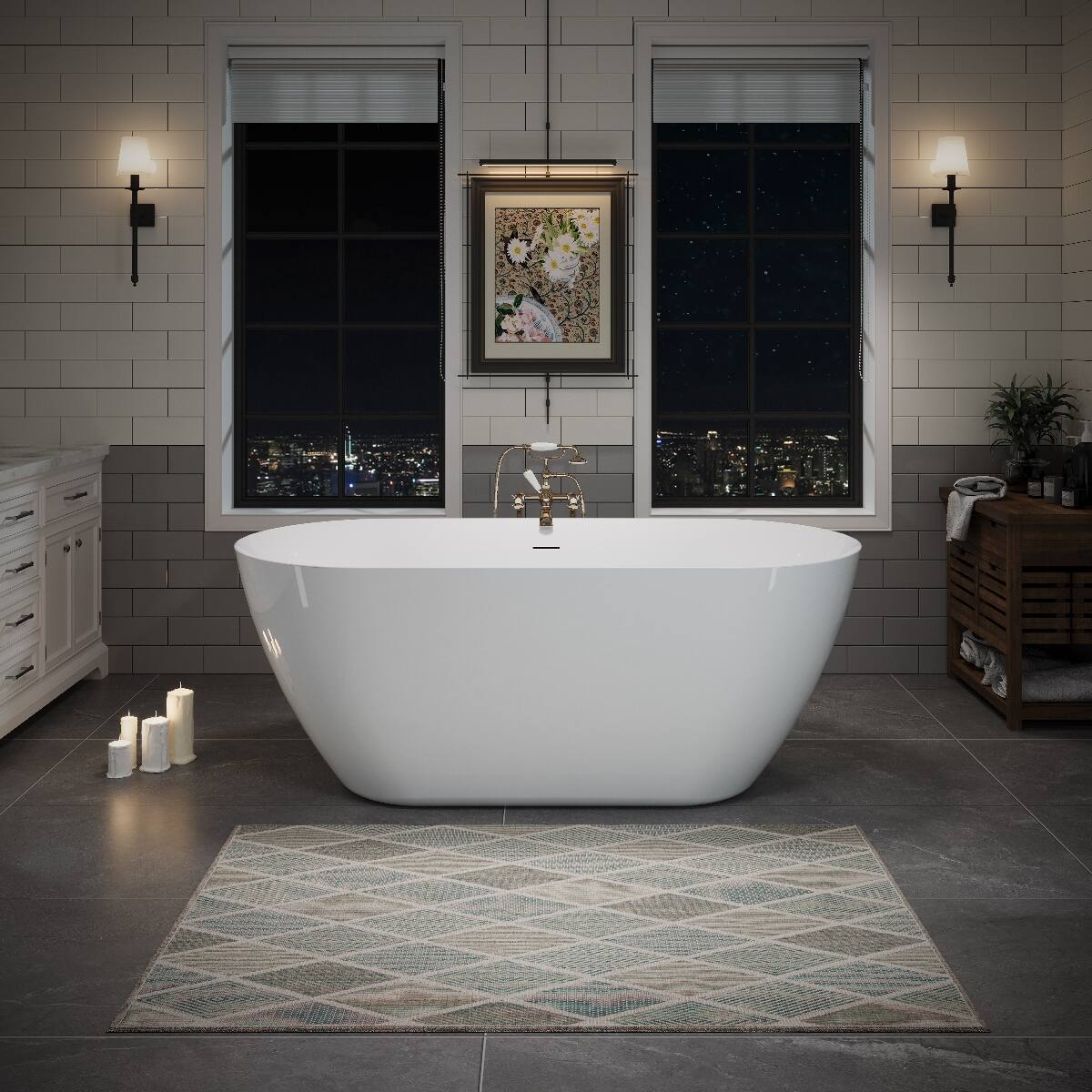 Alt View 7. Loheer - Loheer 55 Inch Acrylic Freestanding Bathtub Oval Deep Soaking Tub with Pop Up Drain and Integrated Overflow - Glossy White.