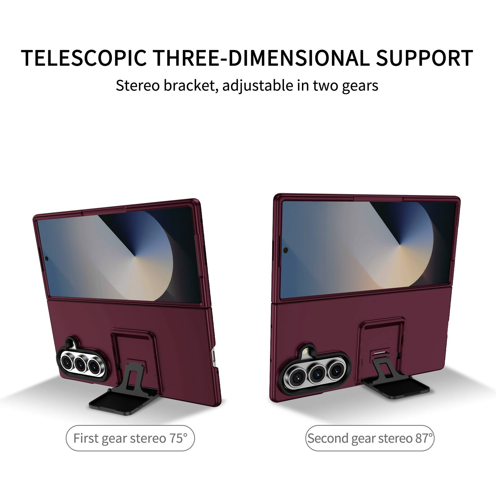 TELESCOPIC THREE-DIMENSIONAL SUPPORT  
Stereo bracket, adjustable in two gears  
First gear stereo 75°  
Second gear stereo 87°