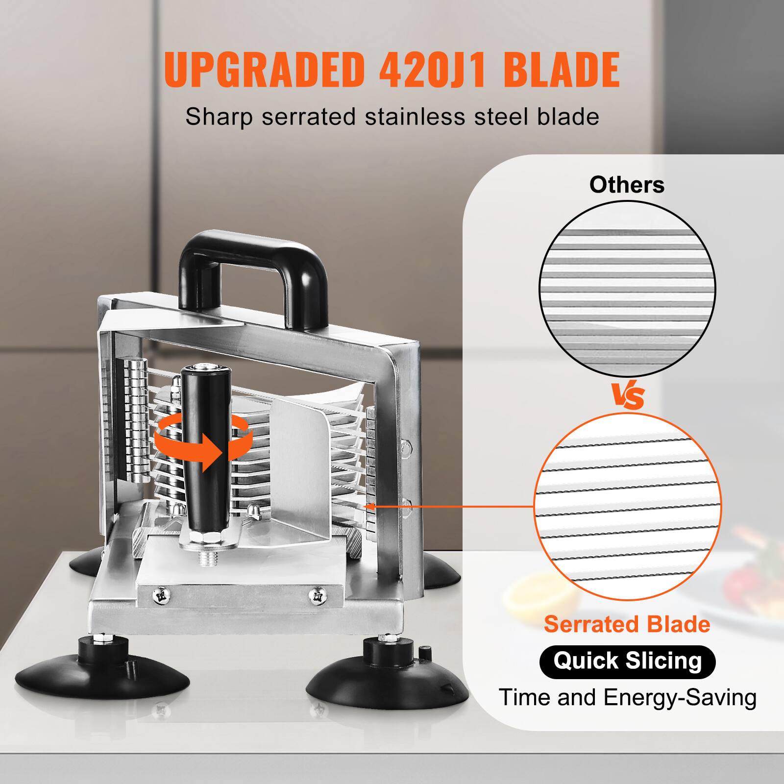 UPGRADED 420J1 BLADE  
Sharp serrated stainless steel blade  

Others  
vs  
Serrated Blade  

Quick Slicing  
Time and Energy-Saving