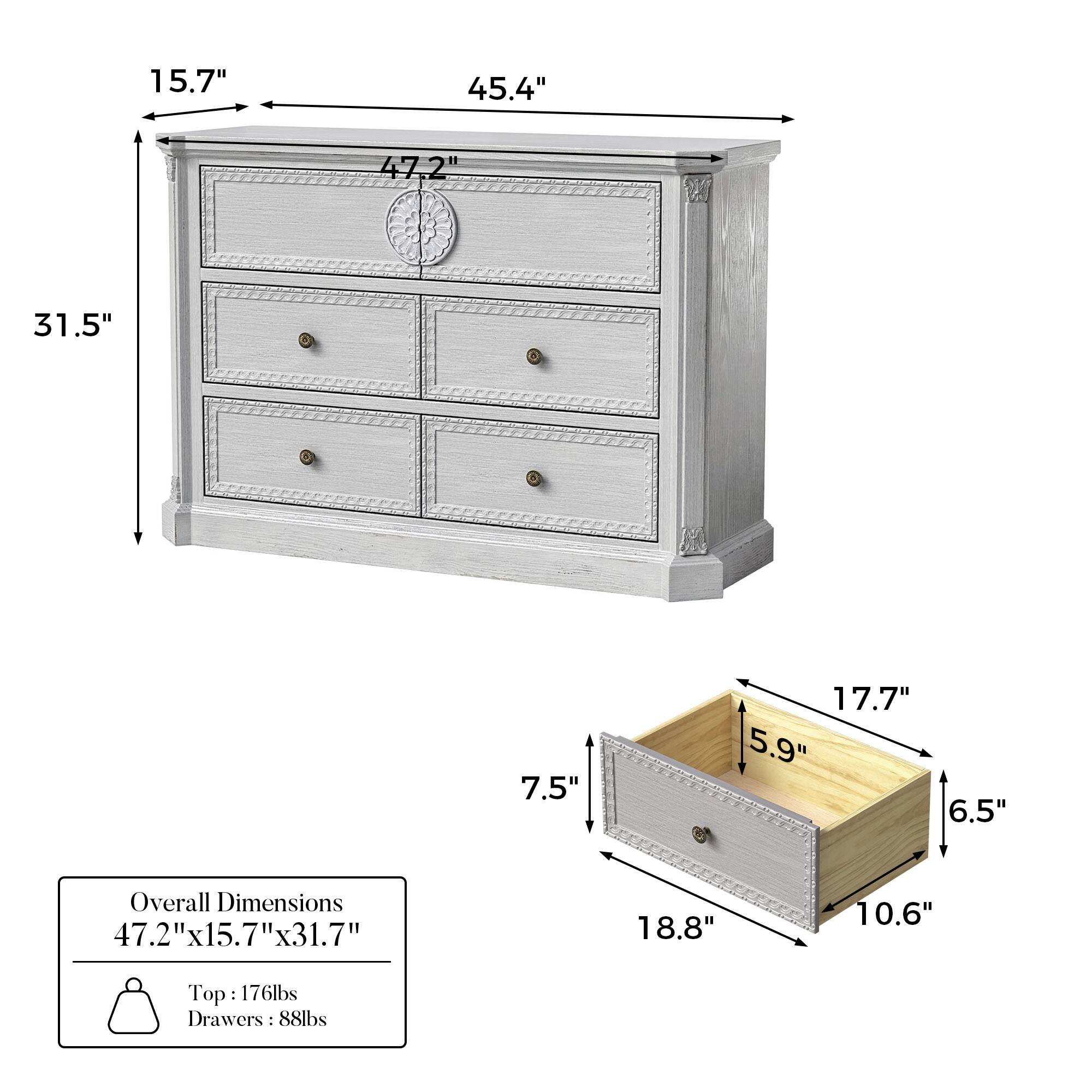 15.7"  
45.4"  
47.2"  
31.5"  
7.5"  
17.7"  
5.9"  
6.5"  

Overall Dimensions: 47.2" x 15.7" x 31.7"  

Top: 176lbs  
Drawers: 88lbs