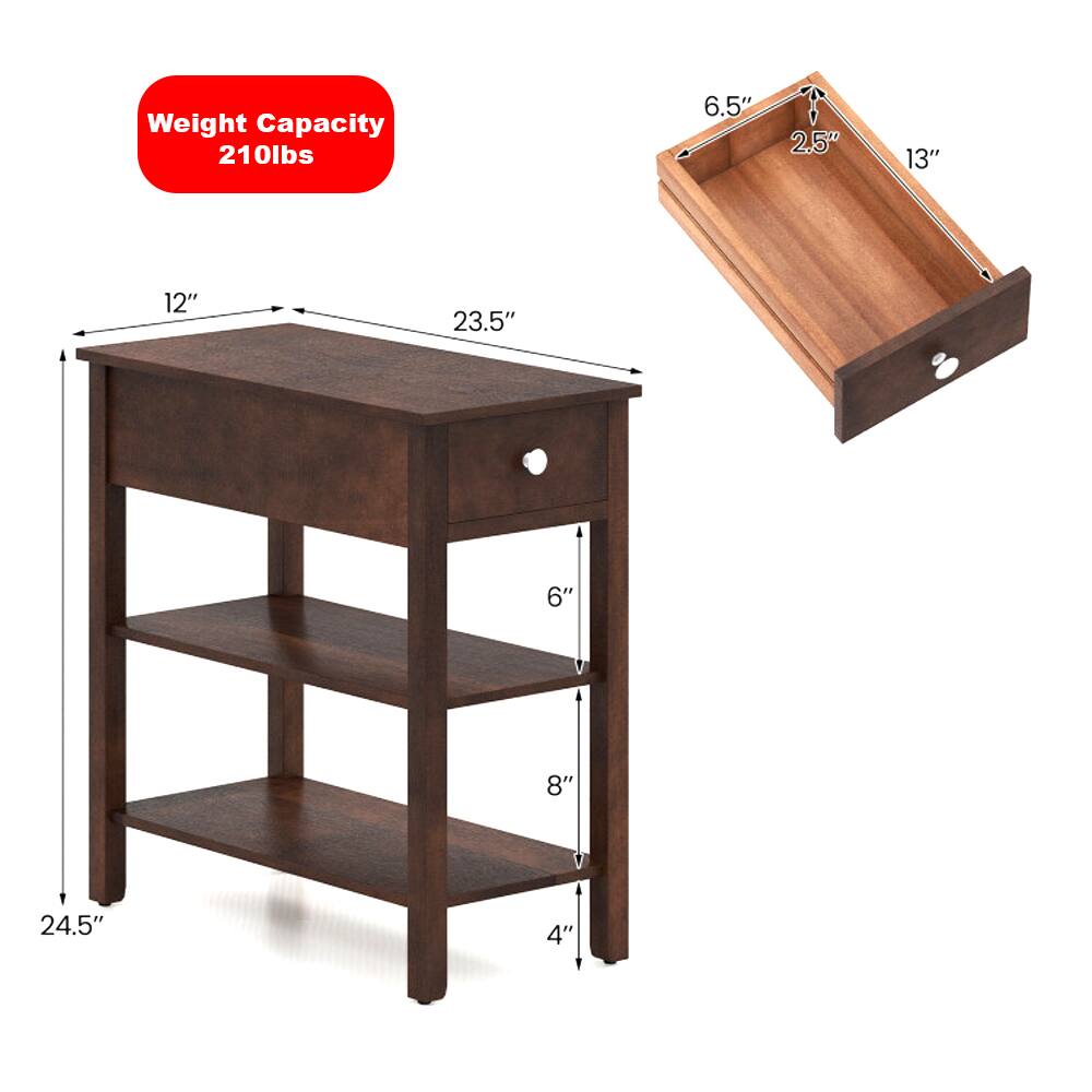 Weight Capacity: 210lbs

Dimensions:
- Top: 23.5" x 12"
- Drawer: 13" x 6.5" x 2.5"
- Overall Height: 24.5"
- Shelf Spacing: 6" and 8"
- Drawer Pull: 4"