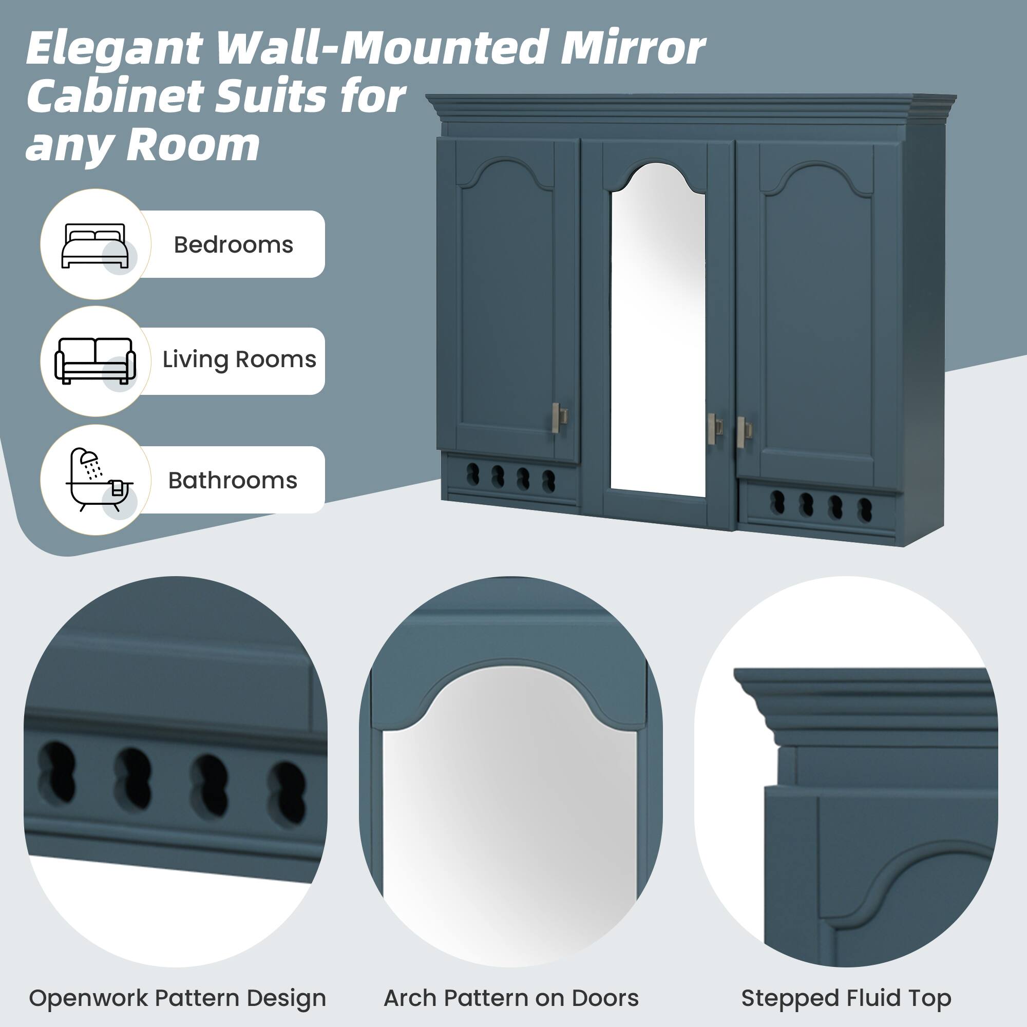 Elegant Wall-Mounted Mirror Cabinet Suits for any Room

- Bedrooms
- Living Rooms
- Bathrooms

Openwork Pattern Design
Arch Pattern on Doors
Stepped Fluid Top