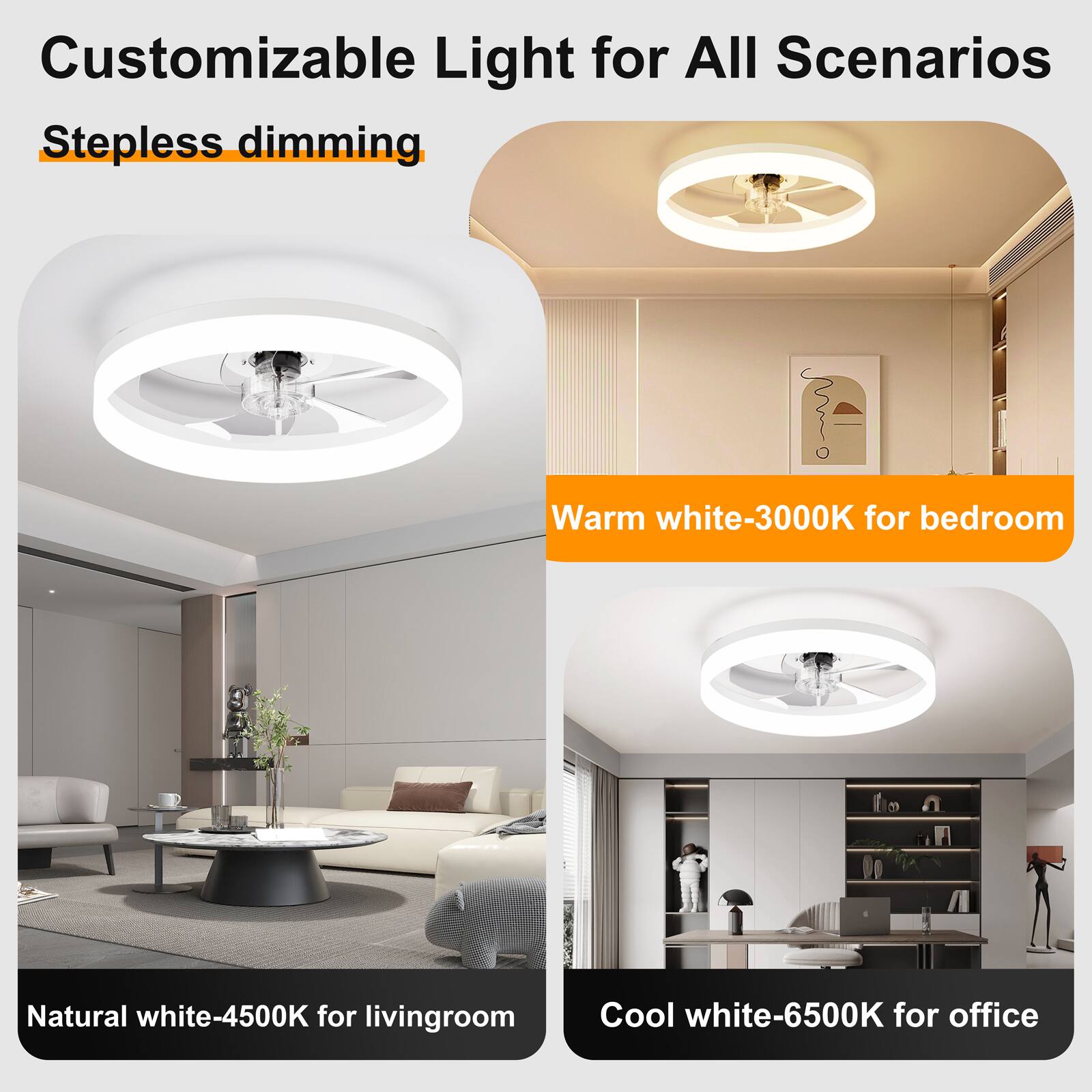 Customizable Light for All Scenarios  
Stepless dimming  
Warm white-3000K for bedroom  
Natural white-4500K for living room  
Cool white-6500K for office