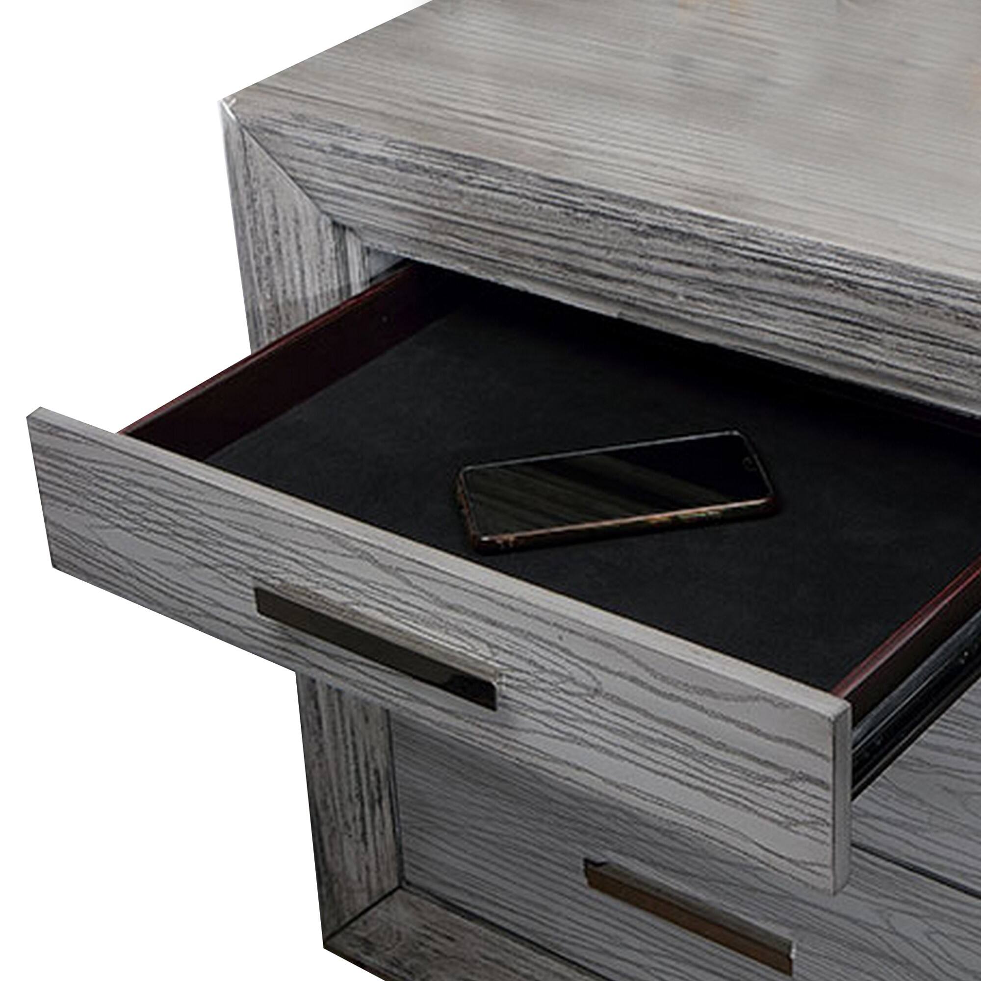 Angle. Manhattan Lane - Reno 27 Inch Nightstand, Brushed  Wood, Chrome Bracket Legs, USB Ports - Gray, Silver.
