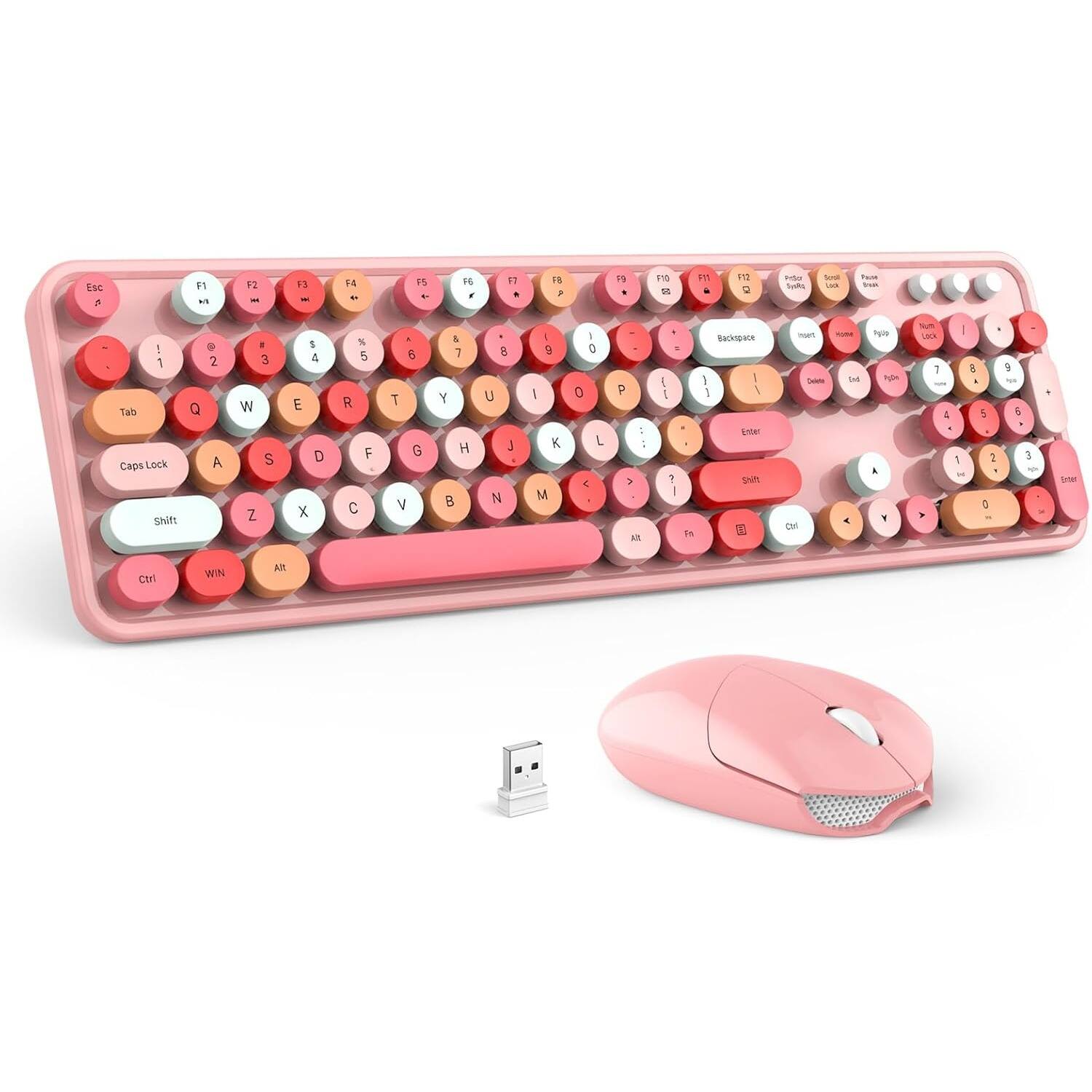 PARKER SLATER - Wireless keyboard and mouse combo with 104 round keys, 2.4G USB receiver, retro typewriter style, and design - Peach Pink