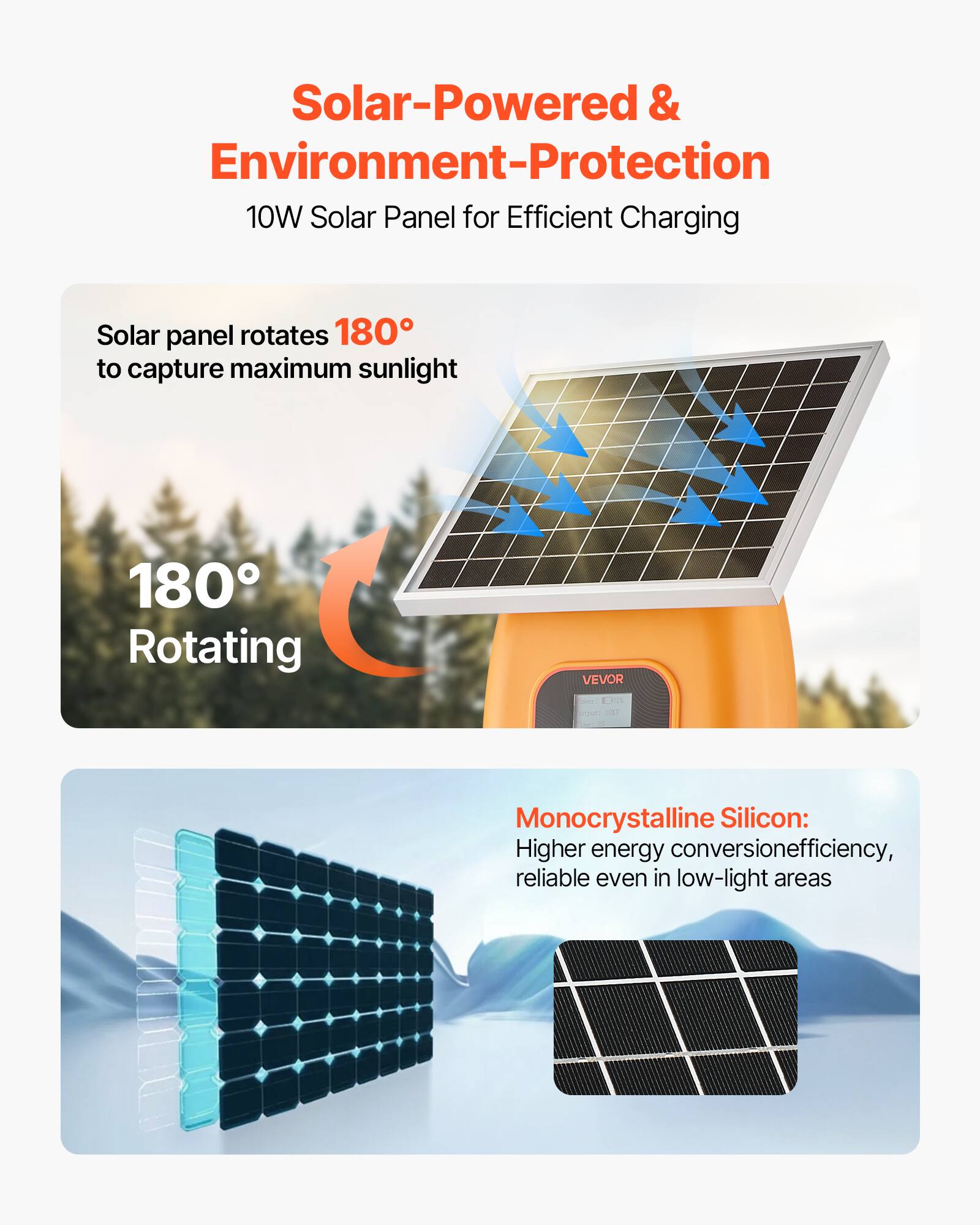 Solar-Powered & Environment-Protection  
10W Solar Panel for Efficient Charging  

Solar panel rotates 180° to capture maximum sunlight  

180° Rotating  

Monocrystalline Silicon:  
Higher energy conversion efficiency, reliable even in low-light areas