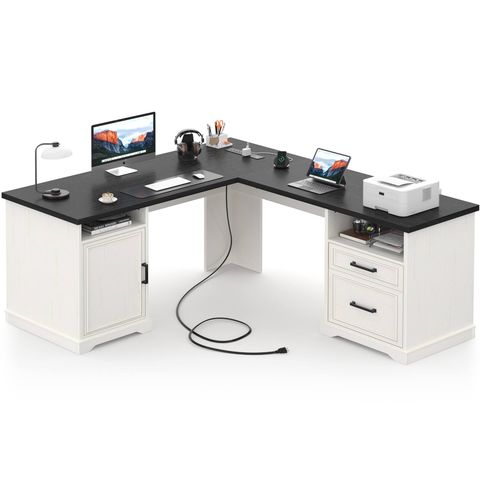 Alt View 4. Aheaplus - L Shaped Desk with Charging Station, 60'' Computer Desk Workstation with File Cabinet and Drawers for Home & Office - White & Black.