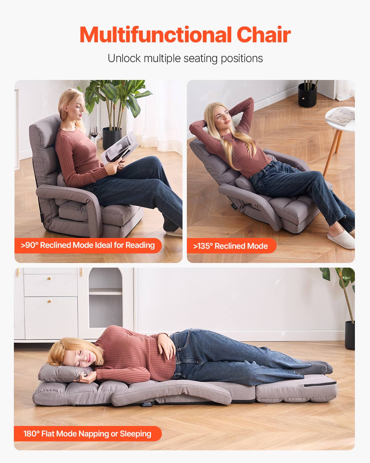 Multifunctional Chair  
Unlock multiple seating positions  

>90° Reclined Mode Ideal for Reading  

>135° Reclined Mode  

180° Flat Mode Napping or Sleeping