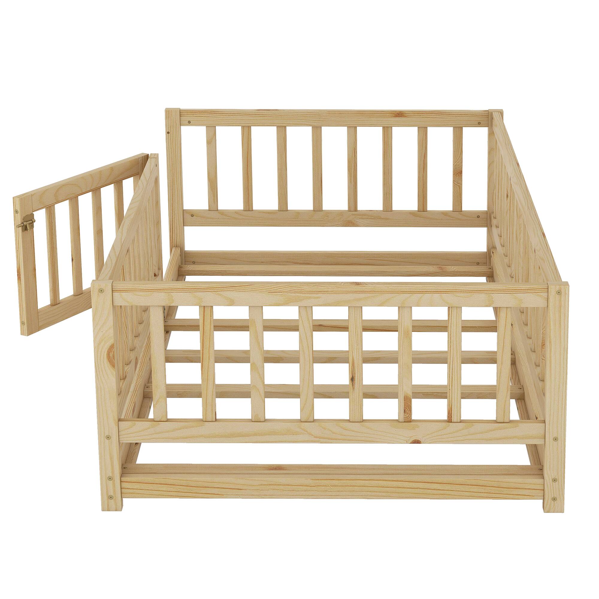 Alt View 7. GOODSILO - Twin Size Montessori Floor Bed with Fence and Door, Wood Bed Frame for Kids, Boys & Girls - Oak.
