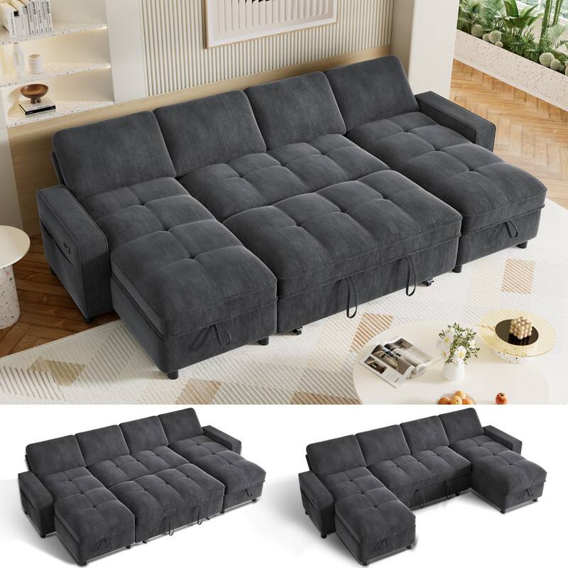 Alt View 5. Dyonery - 105" U Shaped Couch Sleeper Sofa, Pull Out Couch with Reclining Backrest, Reversible Storage Chaise, USB Ports - Grey.