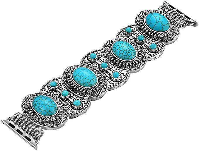 Left. Worryfree Gadgets - Worryfree Gadgets Apple Watch Band Boho Ethnic Antique Style Bracelet Strap - Turquoise.