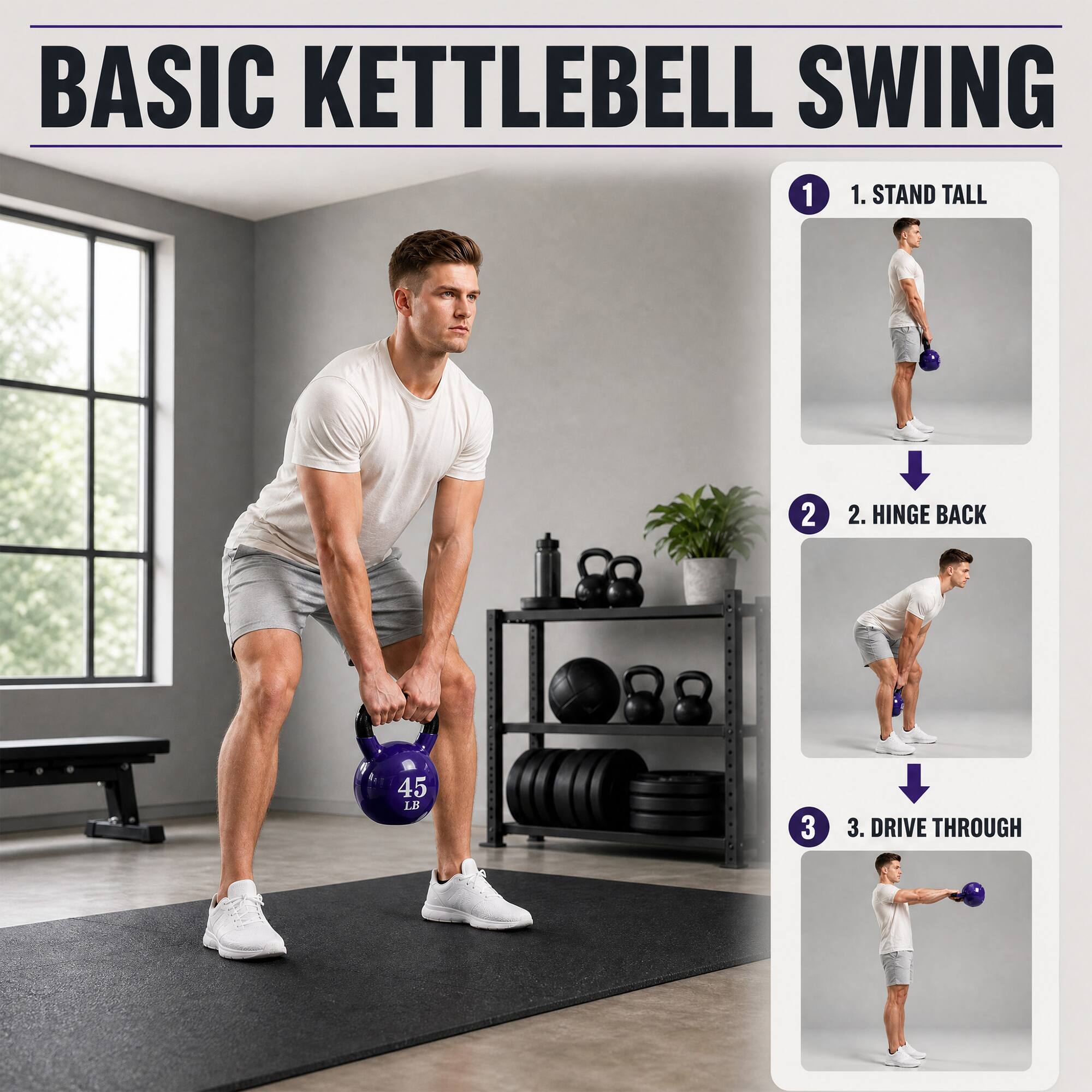 BASIC KETTLEBELL SWING

1. STAND TALL
2. HINGE BACK
3. DRIVE THROUGH