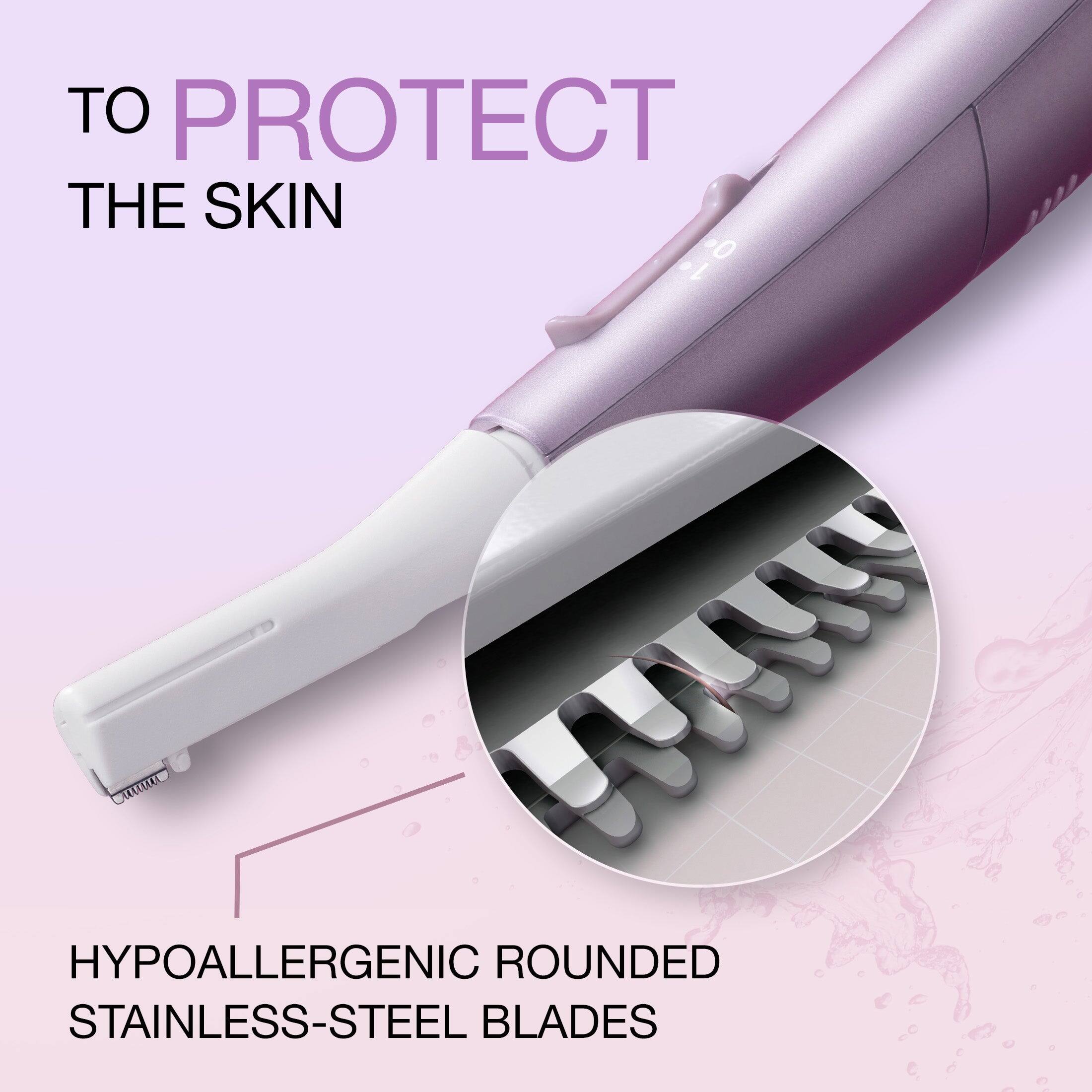 TO PROTECT THE SKIN

HYPOALLERGENIC ROUNDED STAINLESS-STEEL BLADES