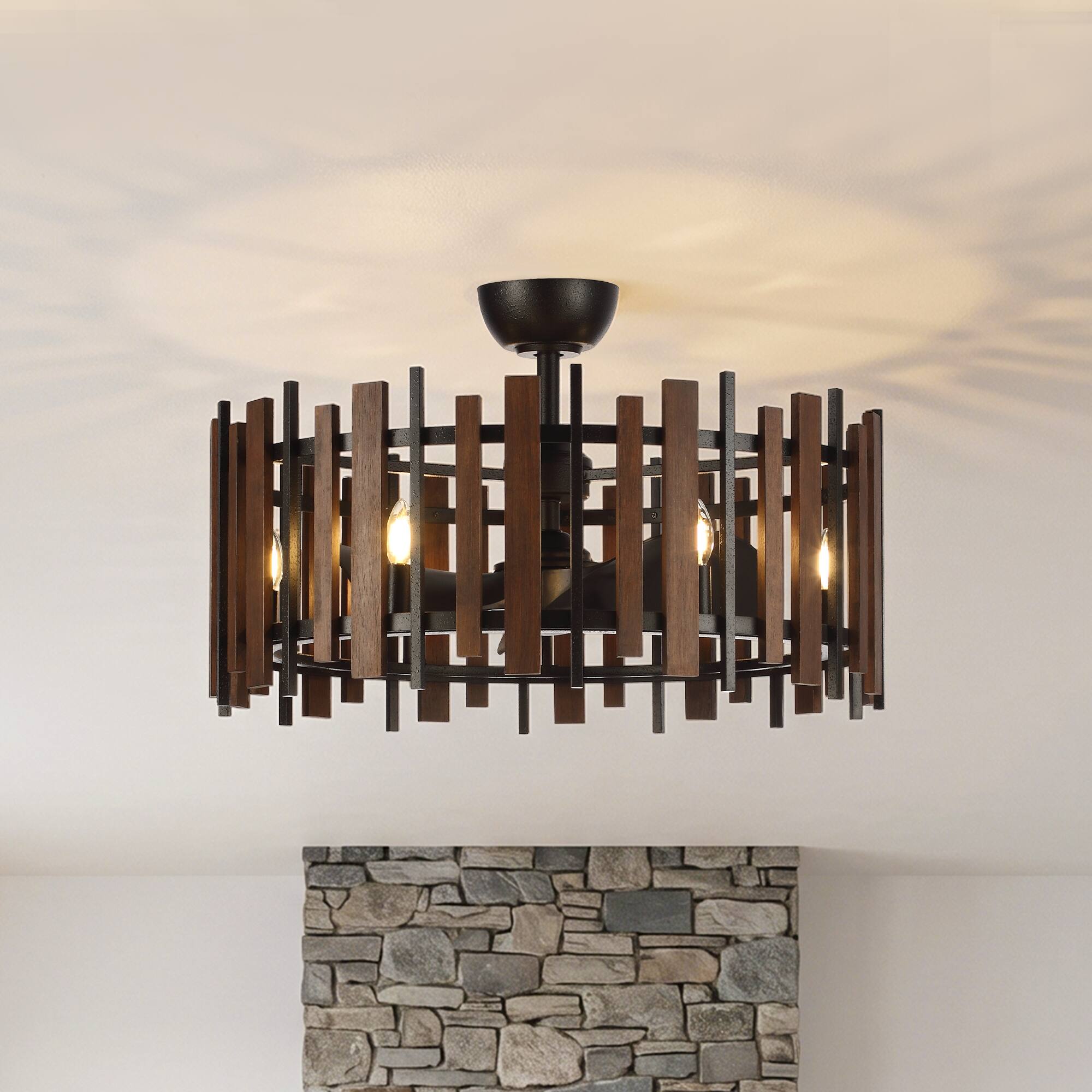 Front. Parrot Uncle - 31" Farmhouse Black Wood Caged Ceiling Fan With Light and Remote - Black.