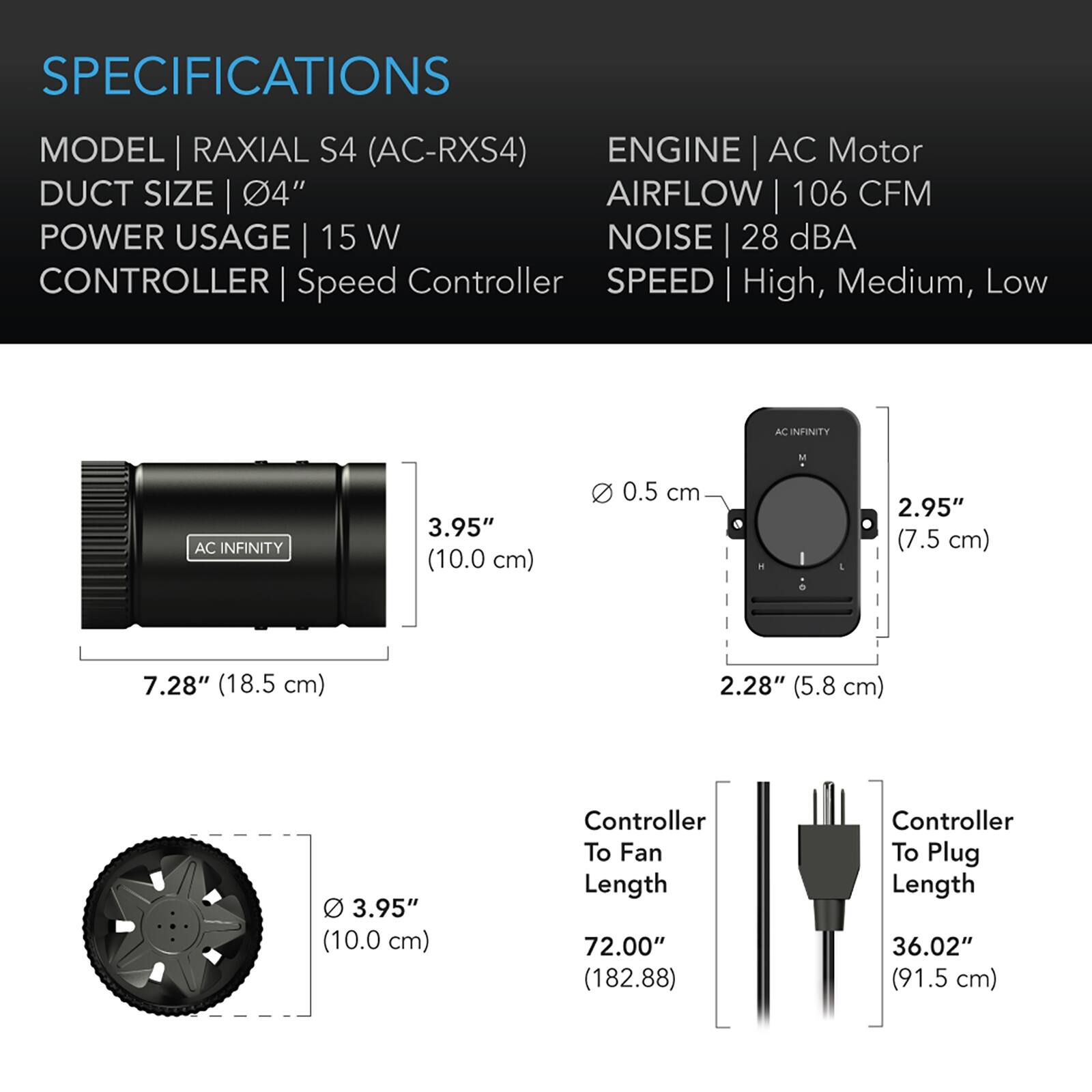 SPECIFICATIONS  
MODEL | RAXIAL S4 (AC-RXS4)  
DUCT SIZE | 4"  
POWER USAGE | 15 W  
CONTROLLER | Speed Controller  
ENGINE | AC Motor  
AIRFLOW | 106 CFM  
NOISE | 28 dBA  
SPEED | High, Medium, Low  

AC INFINITY  
3.95" (10.0 cm)  
0.5 cm  
2.95" (7.5 cm)  
7.28" (18.5 cm)  
2.28" (5.8 cm)  
3.95" (10.0 cm)  
Controller To Fan Length 72.00" (182.88)  
Controller To Plug Length 36.02" (91.5 cm)