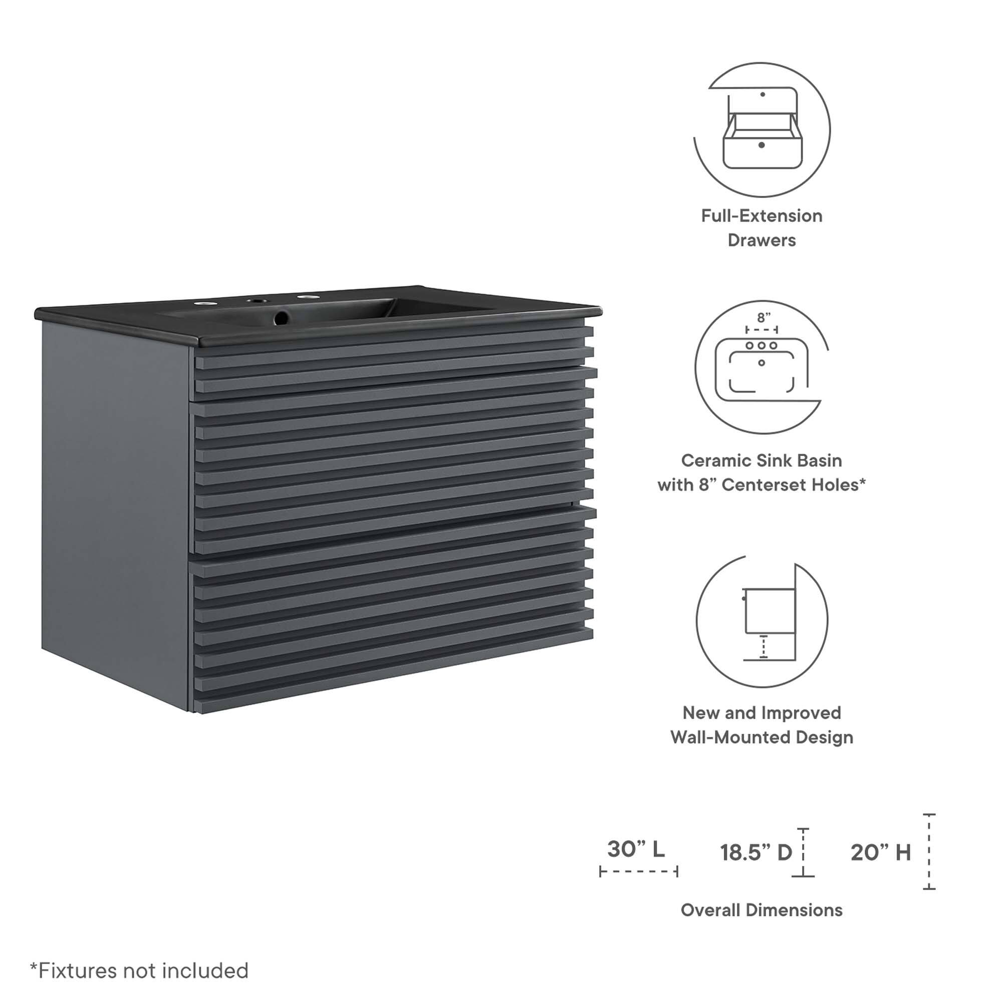 Full-Extension Drawers  
Ceramic Sink Basin with 8" Centerset Holes*  
New and Improved Wall-Mounted Design  

Overall Dimensions:  
30" L x 18.5" D x 20" H  

*Fixtures not included