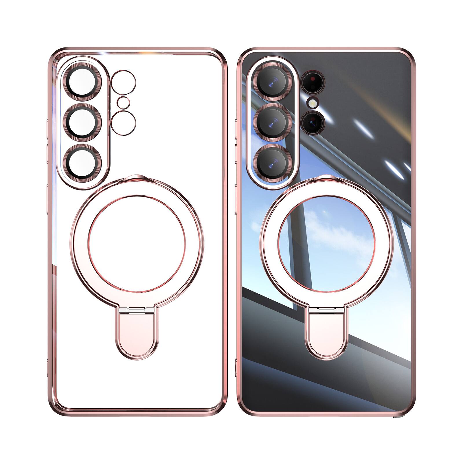 Angle. Dteck - Clear Mag Safe Case for Samsung Galaxy S26 Ultra,Transparent Back Plated Bumper Shockproof Metal Stand Cover + Lens Film - Rosegold.