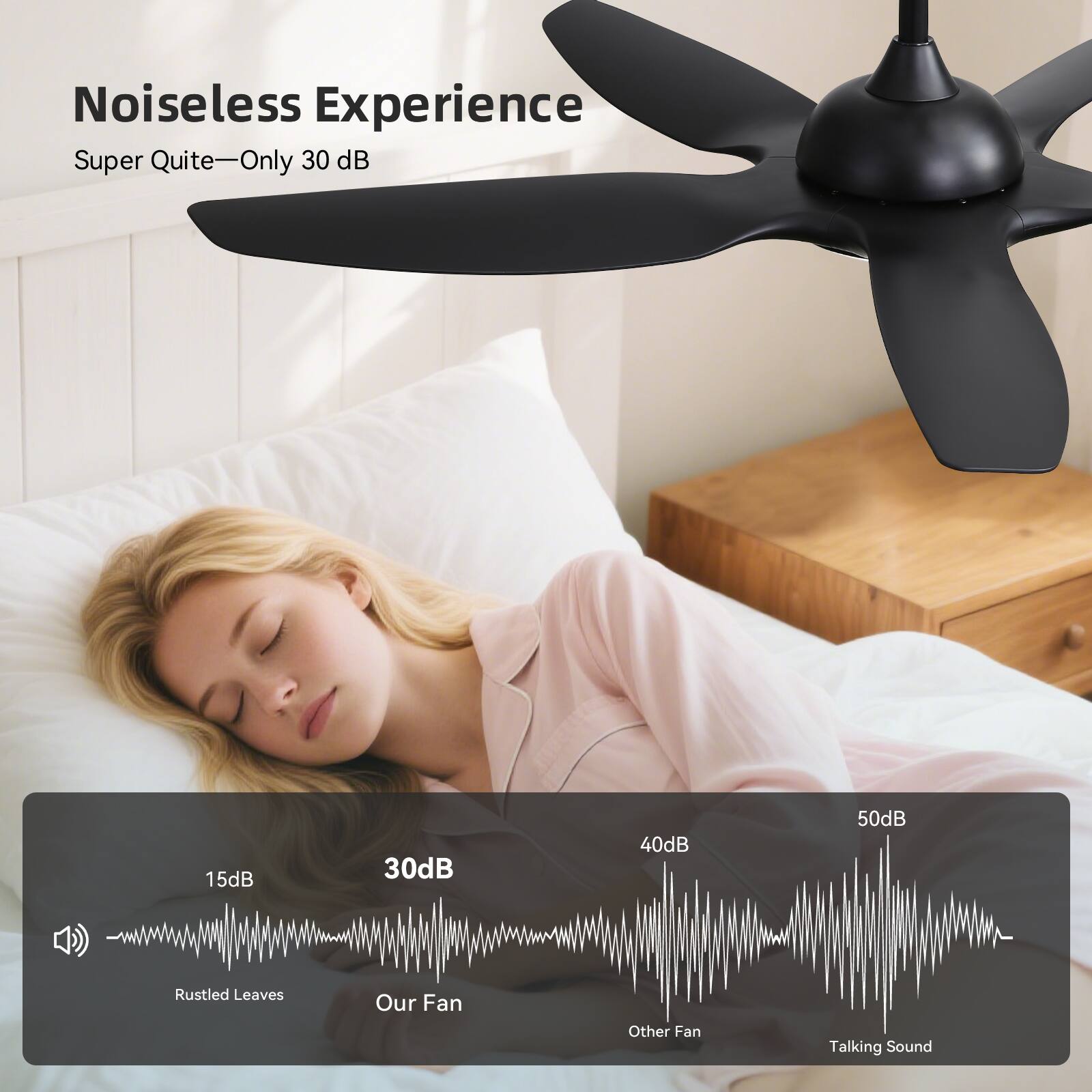 Noiseless Experience  
Super Quite—Only 30 dB  

15dB  
Rustled Leaves  

30dB  
Our Fan  

40dB  
Other Fan  

50dB  
Talking Sound