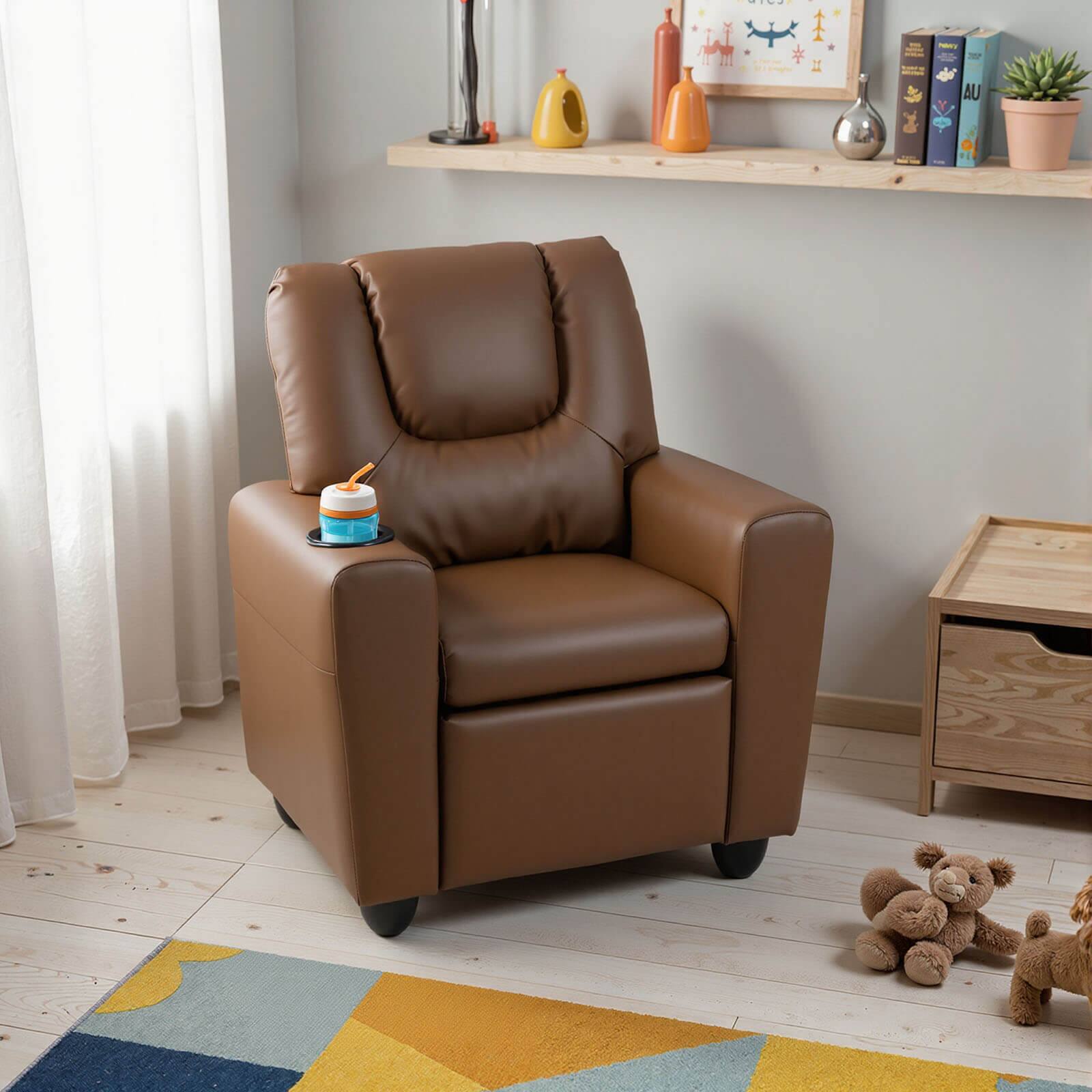 Alt View 1. Costway - Costway Kids Recliner with Cup Holder Adjustable Backrest & Footrest for Boys & Girls - Coffee.