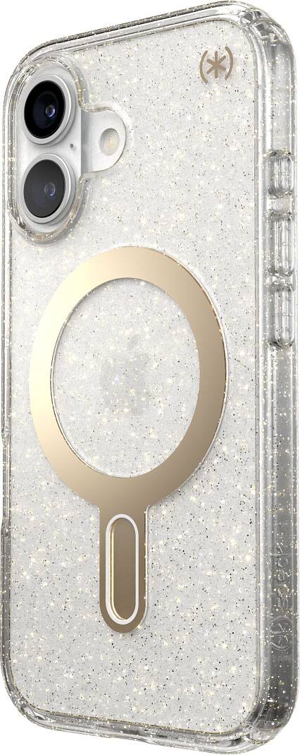 Angle. Speck - Presidio Lux Case with MagSafe for Apple iPhone 16 - Clear/Gold Glitter.