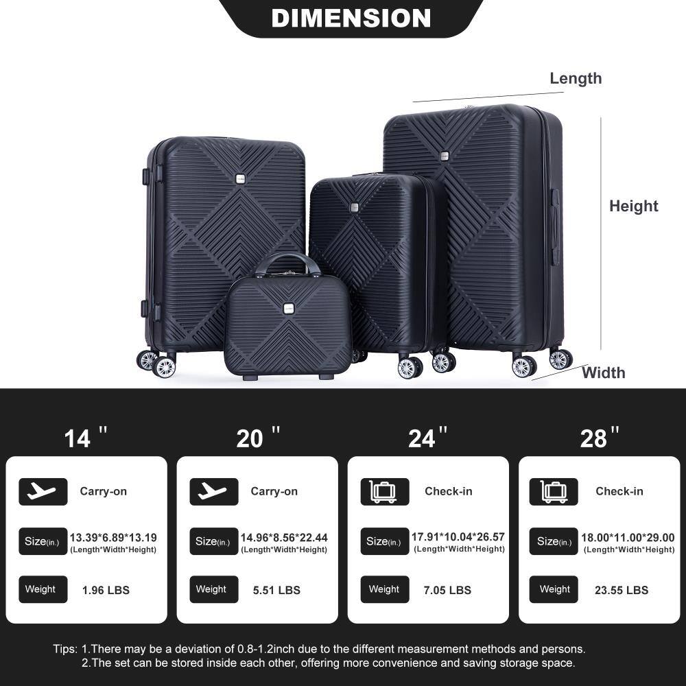 **DIMENSION**

- **14" Carry-on**
  - Size (in): 13.39" x 6.89" x 13.19" (Length x Width x Height)
  - Weight: 1.96 LBS

- **20" Carry-on**
  - Size (in): 14.96" x 8.56" x 22.44" (Length x Width x Height)
  - Weight: 5.51 LBS

- **24" Check-in**
  - Size (in): 17.91" x 10.04" x 26.57" (Length x Width x Height)
  - Weight: 7.05 LBS

- **28" Check-in**
  - Size (in): 18.00" x 11.00" x 29.00" (Length x Width x Height)
  - Weight: 23.55 LBS

**Tips:**
1. There may be a deviation of 0.8-1.2 inch due to different measurement methods and persons.
