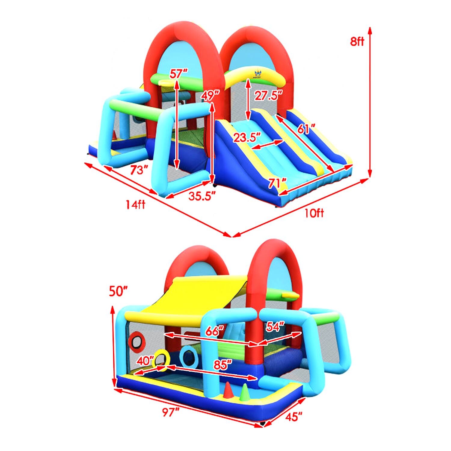 8ft  
57"  
49"  
27.5"  
23.5"  
61"  
73"  
14ft  
35.5"  
71"  
10ft  
50"  
66"  
54"  
40"  
85"  
97"  
45"