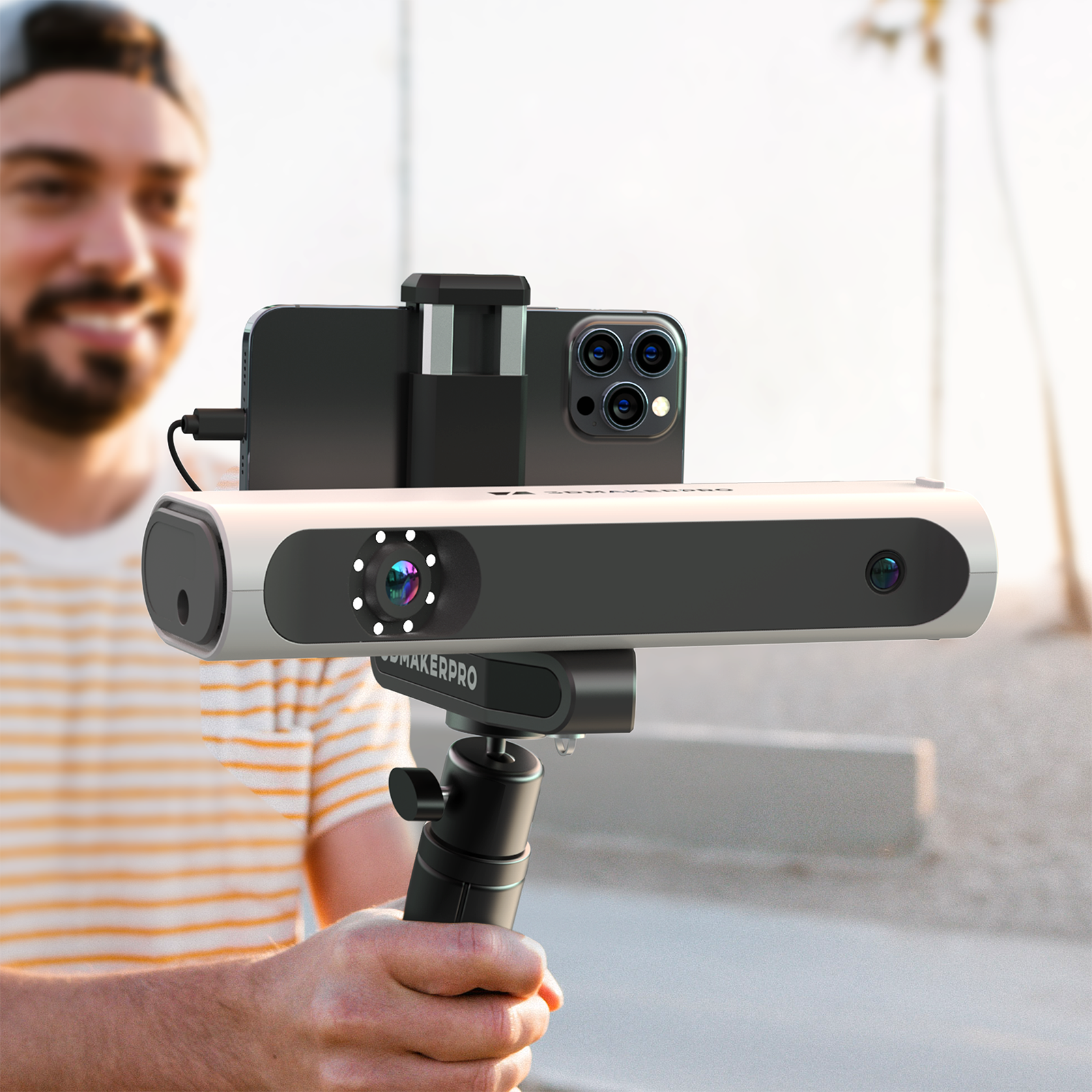 The text on the image reads "Smererees a 360ERPRO," which is a combination of two different phrases. The first phrase, "Smererees," is likely a typo or a misspelling of "Smerereyes," which could be a reference to the man's eyes. The second phrase, "360ERPRO," is a combination of "360" and "ERPRO," which might be a reference to a camera or a device that captures 360-degree views. The man in the image is holding a camera, which could be the 360ERPRO device.