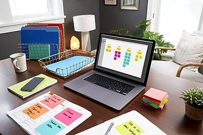 Sure, here is the corrected and grouped text from the image:

**On the Laptop Screen:**
- (Various colored sticky notes with text, but not clearly readable)

**On the Papers:**
- "Sida tbe Sidie ko"
- "indigu i"
- "Sida tbe Sidie ko"
- "Coffee"
- "Meeting"
- "Call"
- "Email"
- "Project"
- "Deadline"

**On the Sticky Notes:**
- (Various colored sticky notes with text, but not clearly readable)

**On the Planner:**
- (Various sections with text, but not clearly readable)

**On the Phone:**
- (No visible text)

**On the Mug:**
- (No visible text)

**On the Binder:**
- (No visible text)

**On the Wall:**
- (No visible text)

**On the Plant:**
- (No visible text)

**On the Desk:**
- (No visible text)

**On the Chair:**
- (No visible text)

**On the Lamp:**
- (No visible text)

**On the Basket:**
- (No visible text)

**On the Wall Art:**
- (No visible text)

**On the Window:**
