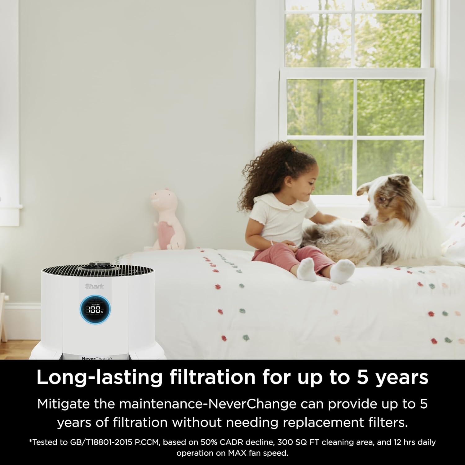 Shark 100. Long-lasting filtration for up to 5 years. Mitigate the maintenance—NeverChange can provide up to 5 years of filtration without needing replacement filters. *Tested to GB/T18801-2015 PCCM, based on 50% CADR decline, 300 SQ FT cleaning area, and 12 hrs daily operation on MAX fan speed.