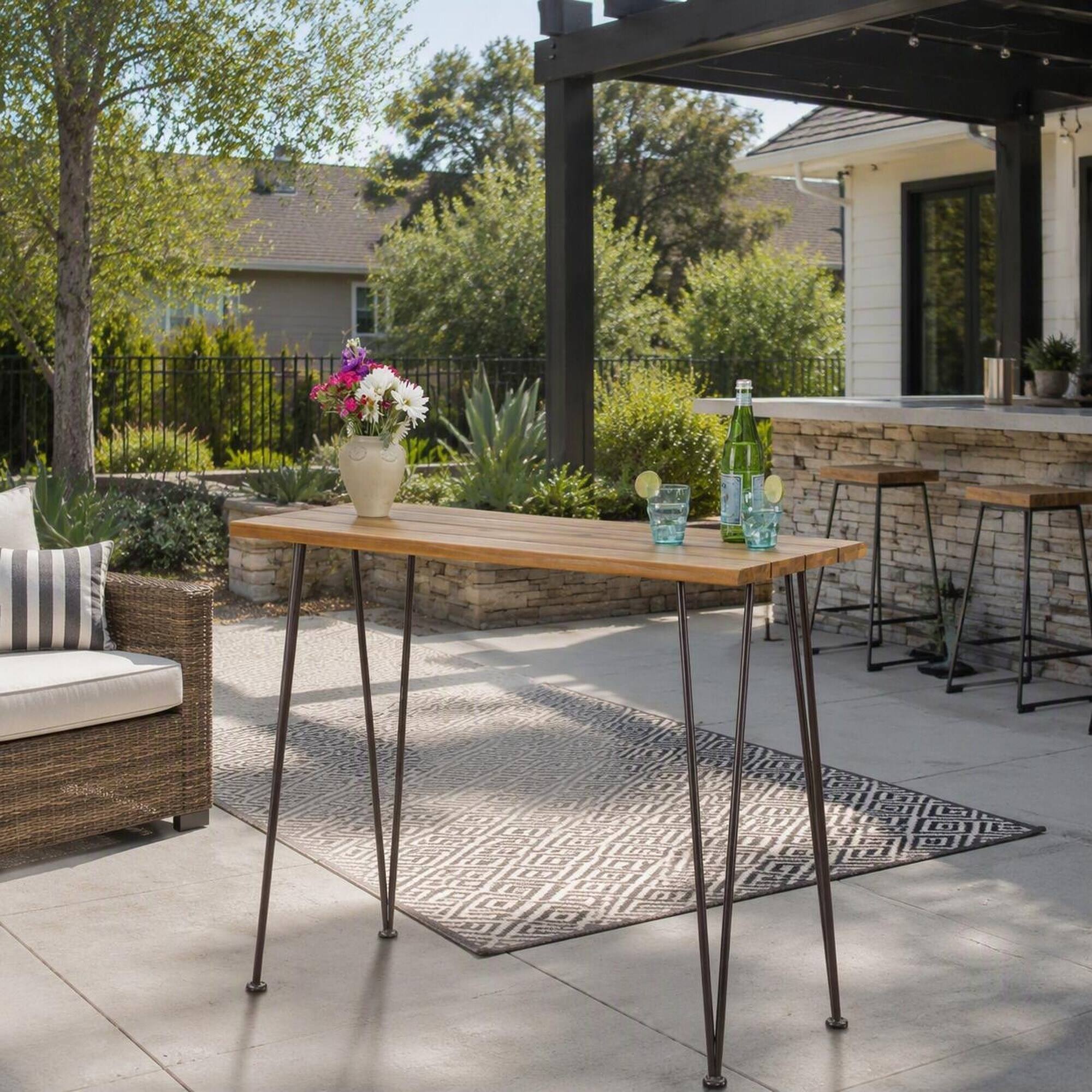Alt View 1. RYHNUYNE - Outdoor Industrial Counter Height Bar Table, Acacia Wood Top with Dark Metal Hairpin Legs for Patio Backyard Garden - Teak+ Black.
