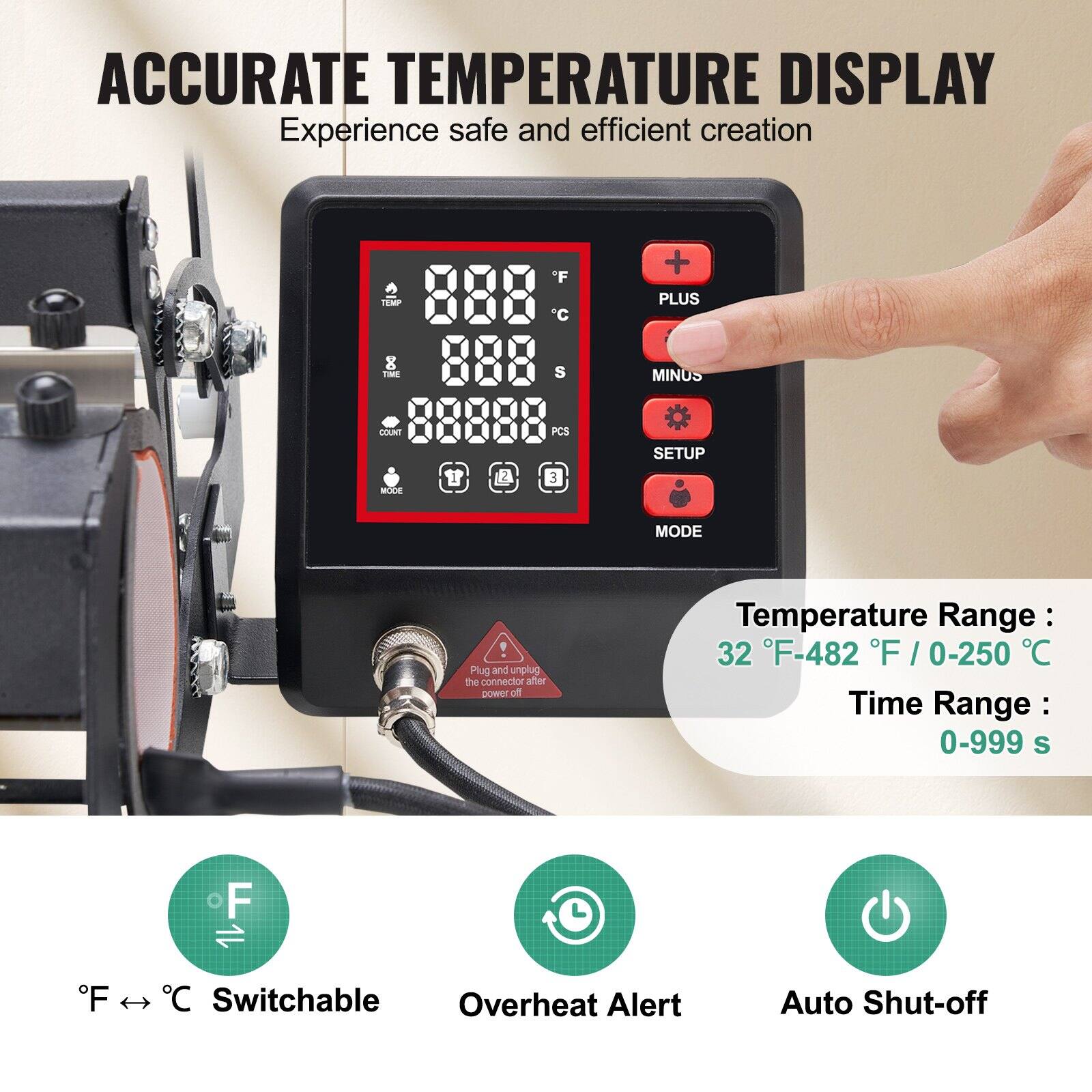 ACCURATE TEMPERATURE DISPLAY  
Experience safe and efficient creation  

Temperature Range: 32°F-482°F / 0-250°C  
Time Range: 0-999 s  

°F ↔ °C Switchable  
Overheat Alert  
Auto Shut-off  

PLUS  
MINUS  
SETUP  
MODE  

Plug and unplug the connector after power off