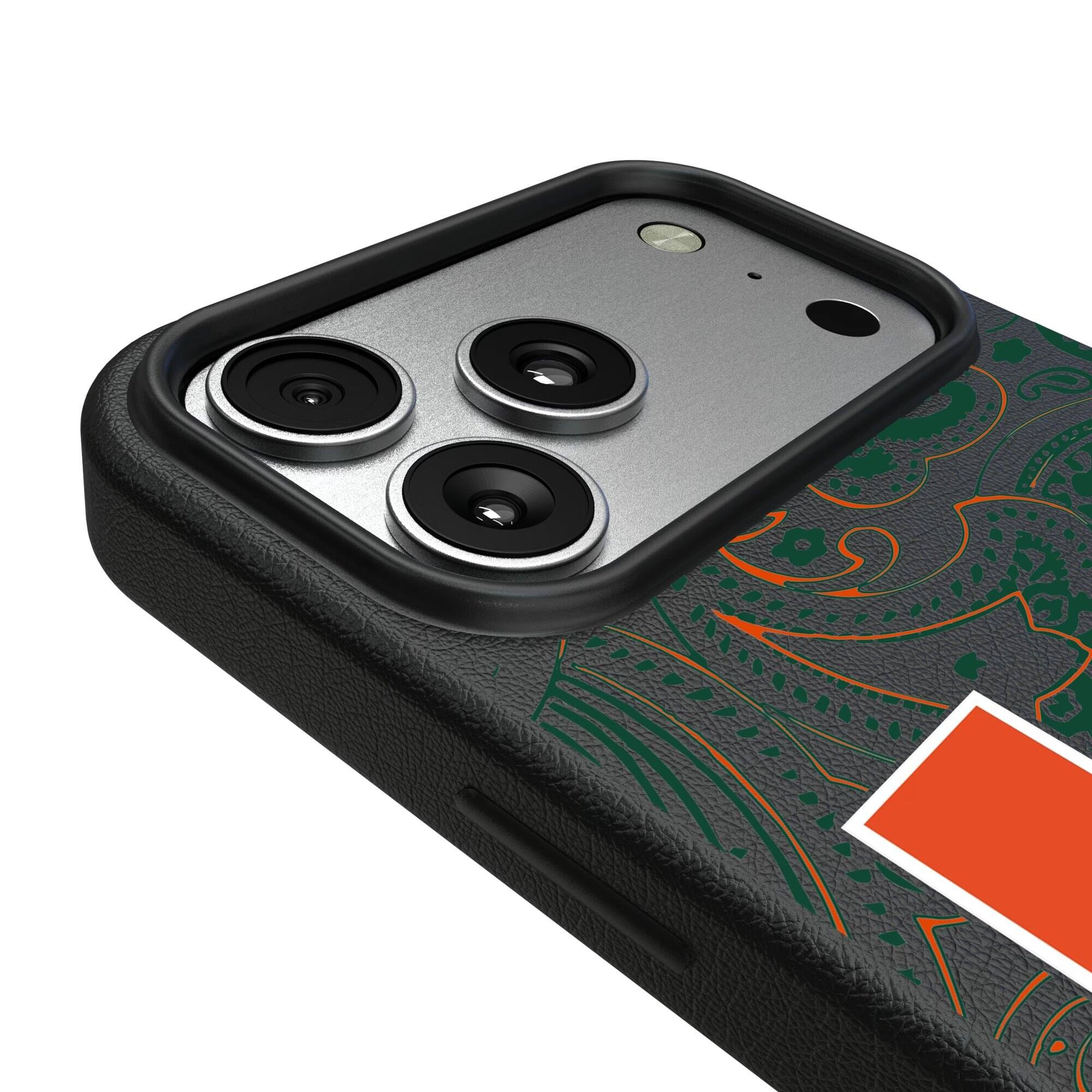 Alt View 2. Keyscaper - Miami Hurricanes Paisley iPhone Magnetic Bump Case - 15 Pro Max - Black.