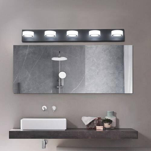 Alt View 2. LUCKY ONE - 37in Wall Mount LED Vanity Light, 5-Light Black Bathroom Fixture with Frosted Acrylic Shades - Black.
