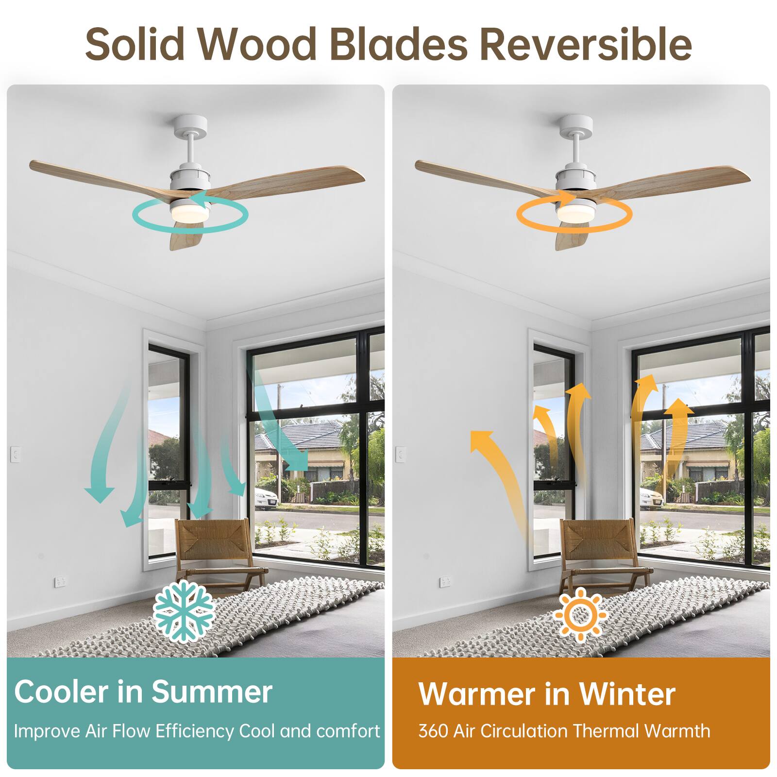 Solid Wood Blades Reversible

Cooler in Summer  
Improve Air Flow Efficiency Cool and comfort

Warmer in Winter  
360 Air Circulation Thermal Warmth