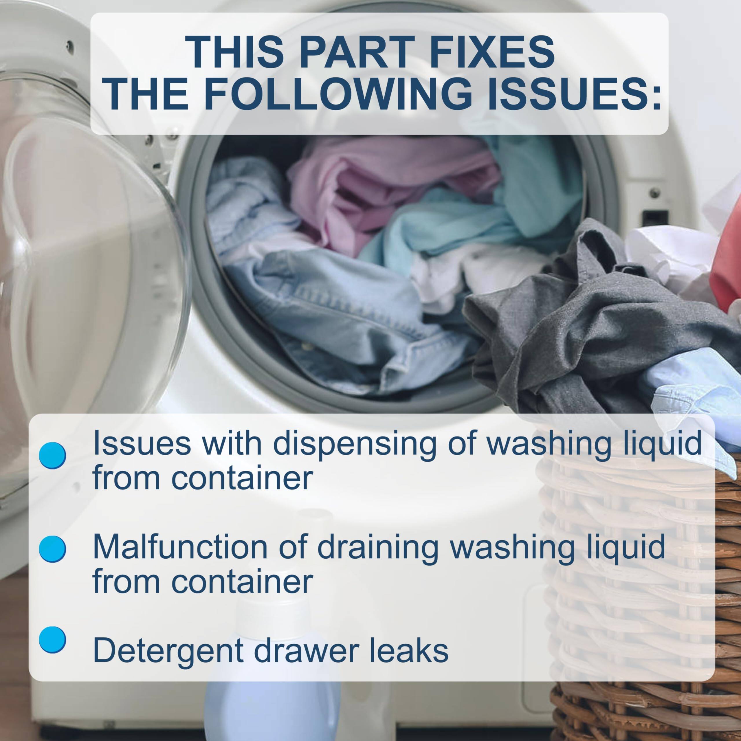 THIS PART FIXES THE FOLLOWING ISSUES:

- Issues with dispensing washing liquid from container
- Malfunction of draining washing liquid from container
- Detergent drawer leaks