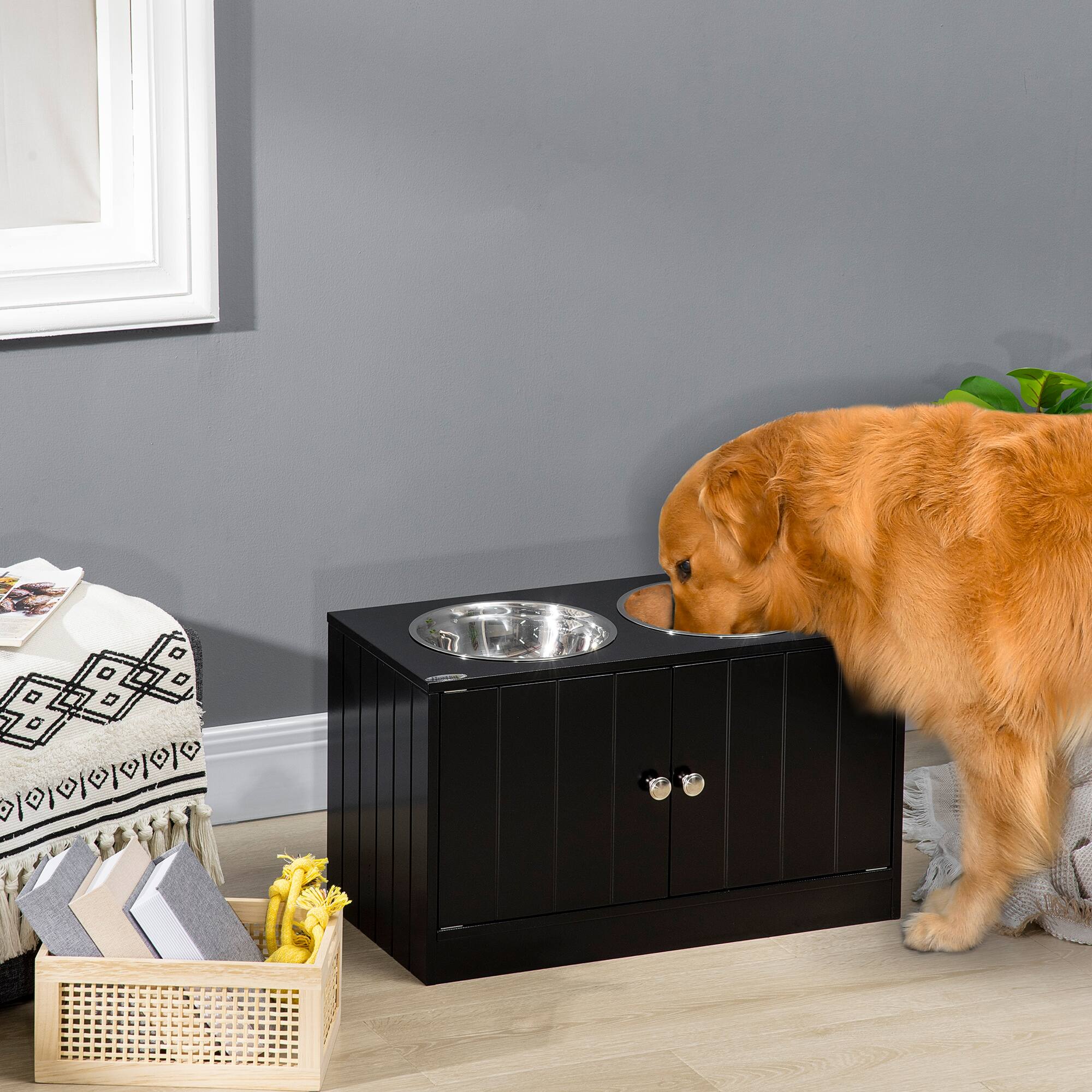Angle. Pawhut - Elevated Dog Bowls with Storage Cabinet Containing  44L Capacity, Raised Bowl Stand, Food Bowl, Feeding Station - Black.