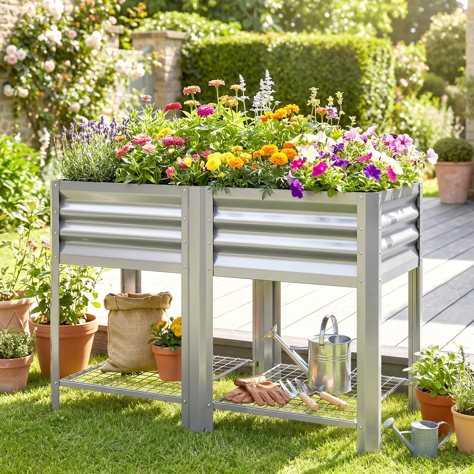 Alt View 1. Outsunny - Garden Bed Galvanized Steel, Elevated Planter Box with Storage Shelf, Bed Liner - Silver.