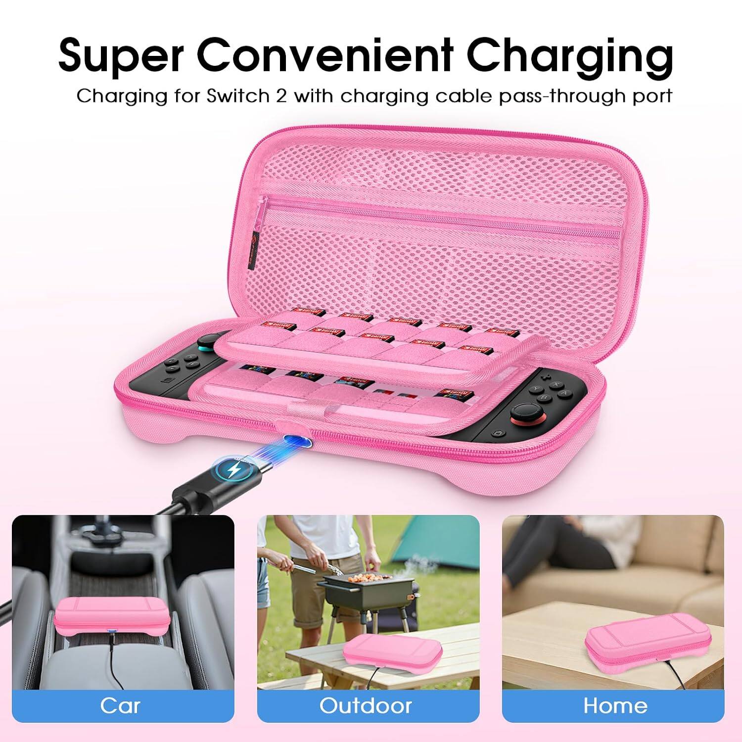 Super Convenient Charging  
Charging for Switch 2 with charging cable pass-through port

EDITIONS

Y 8

Car  
Outdoor  
Home
