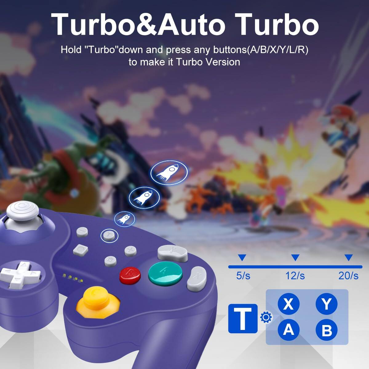 Turbo&Auto Turbo  
Hold "Turbo" down and press any buttons (A/B/X/Y/L/R) to make it Turbo Version  

T + R  
5/s 12/s 20/s  
T X A Y