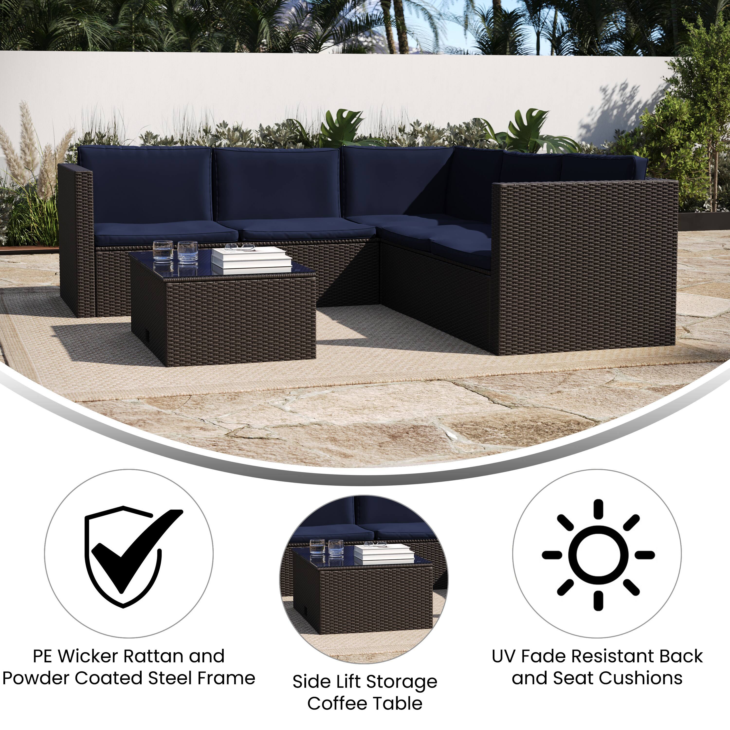 PE Wicker Rattan and Powder Coated Steel Frame Side Lift Storage Coffee Table UV Fade Resistant Back and Seat Cushions