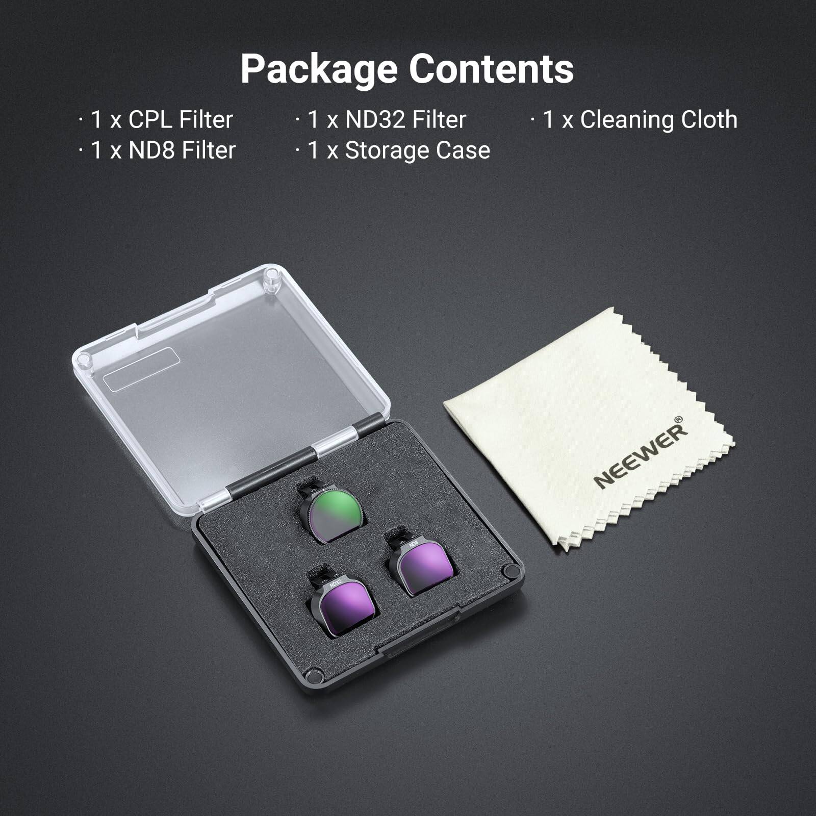 Package Contents

- 1 x CPL Filter
- 1 x ND8 Filter
- 1 x ND32 Filter
- 1 x Storage Case
- 1 x Cleaning Cloth