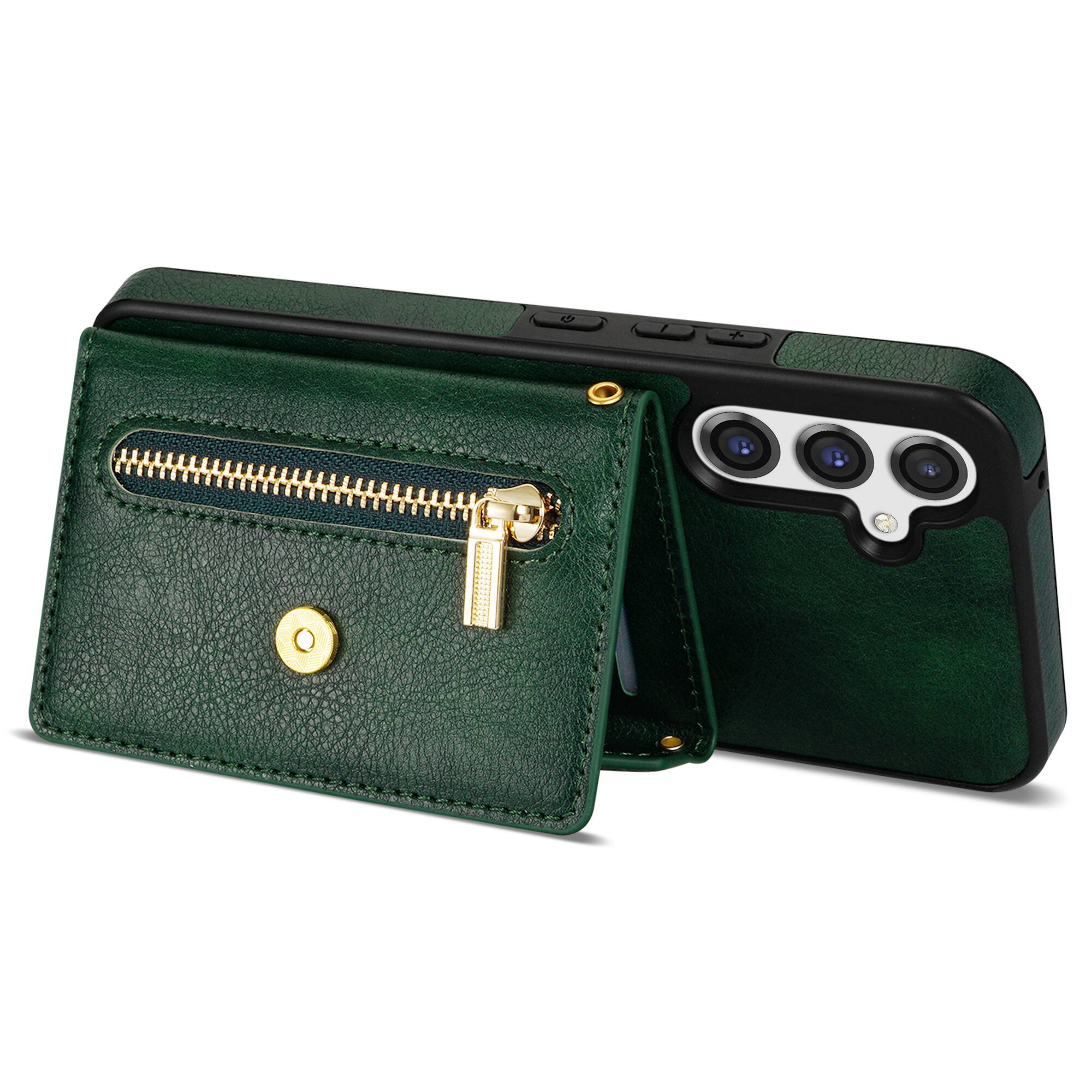 Alt View 3. Dteck - Crossbody Wallet Case for Samsung Galaxy S26, Shockproof PU Leather Stand Cover with Zipper Pocket and Card Slots - Green.